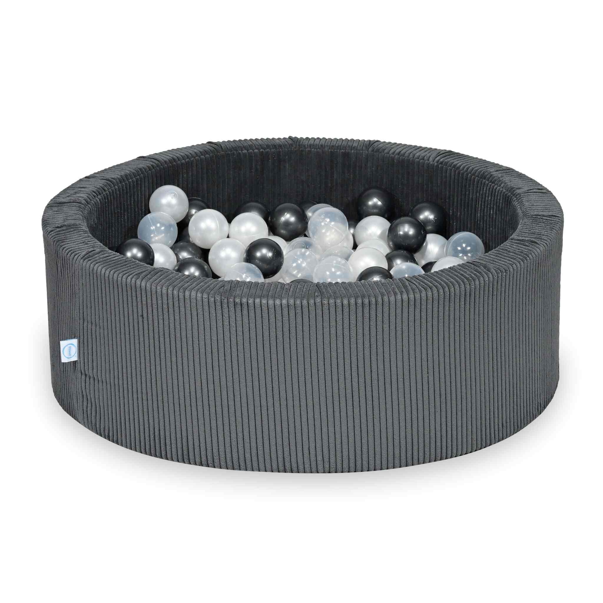 Mimii Bällebad aus Cord in Graphit – rund, 90 × 30 cm, mit 200 Bällen