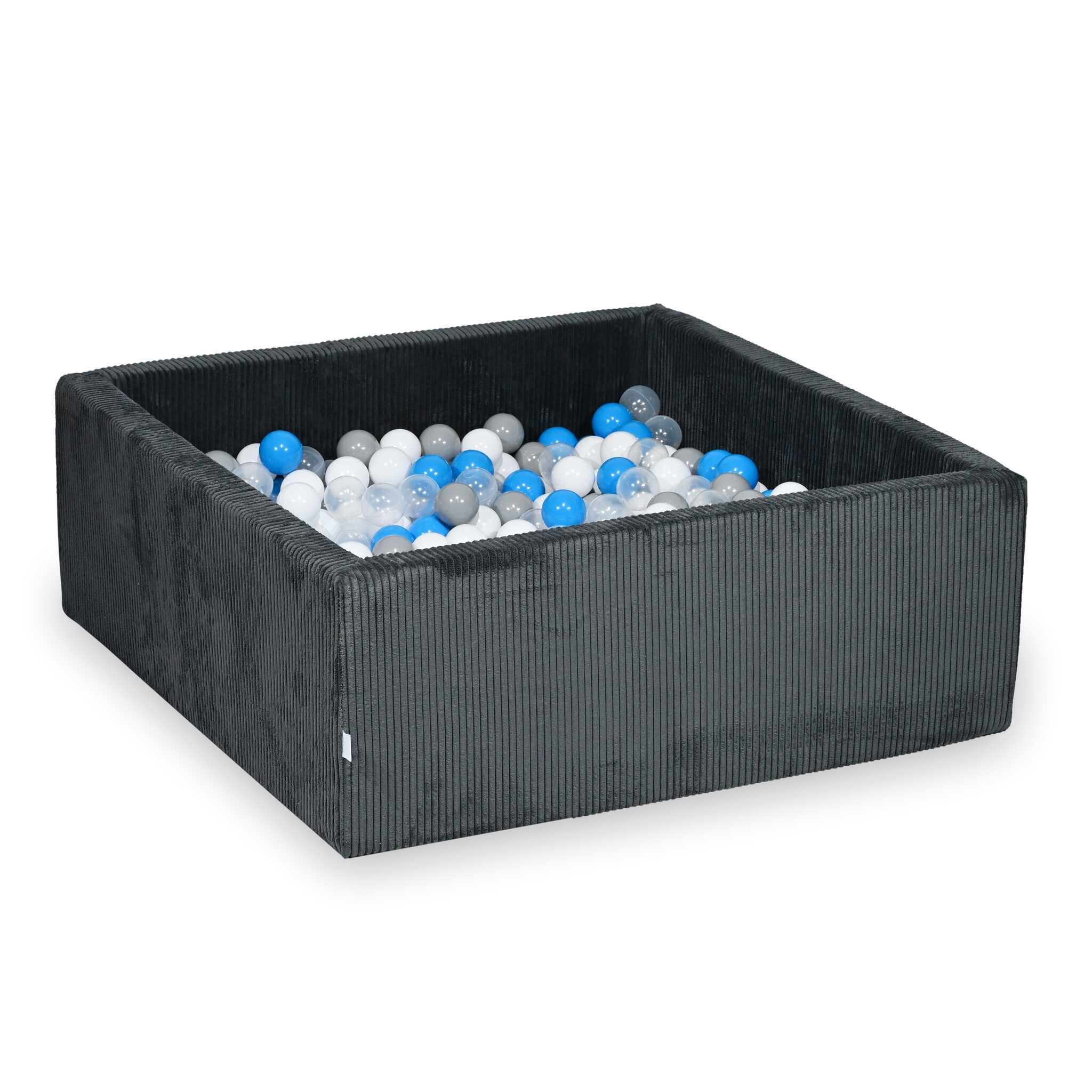 Mimii Bällebad aus Cord in Graphit – quadratisch, 110 × 110 × 40 cm, mit 600 Bällen