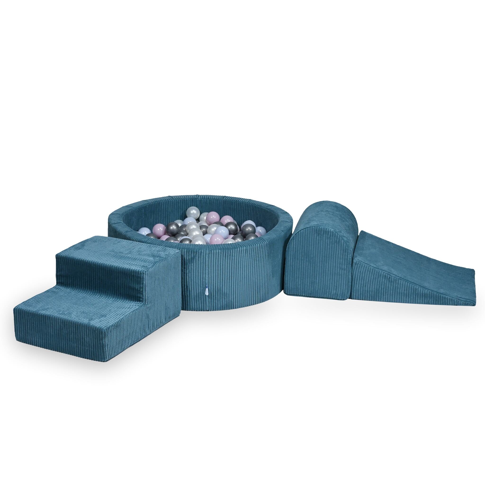 Mimii Schaumstoff-Spielset mit rundem Bällebad 90 × 30 cm aus Cord in Blau – mit 200 Bällen
