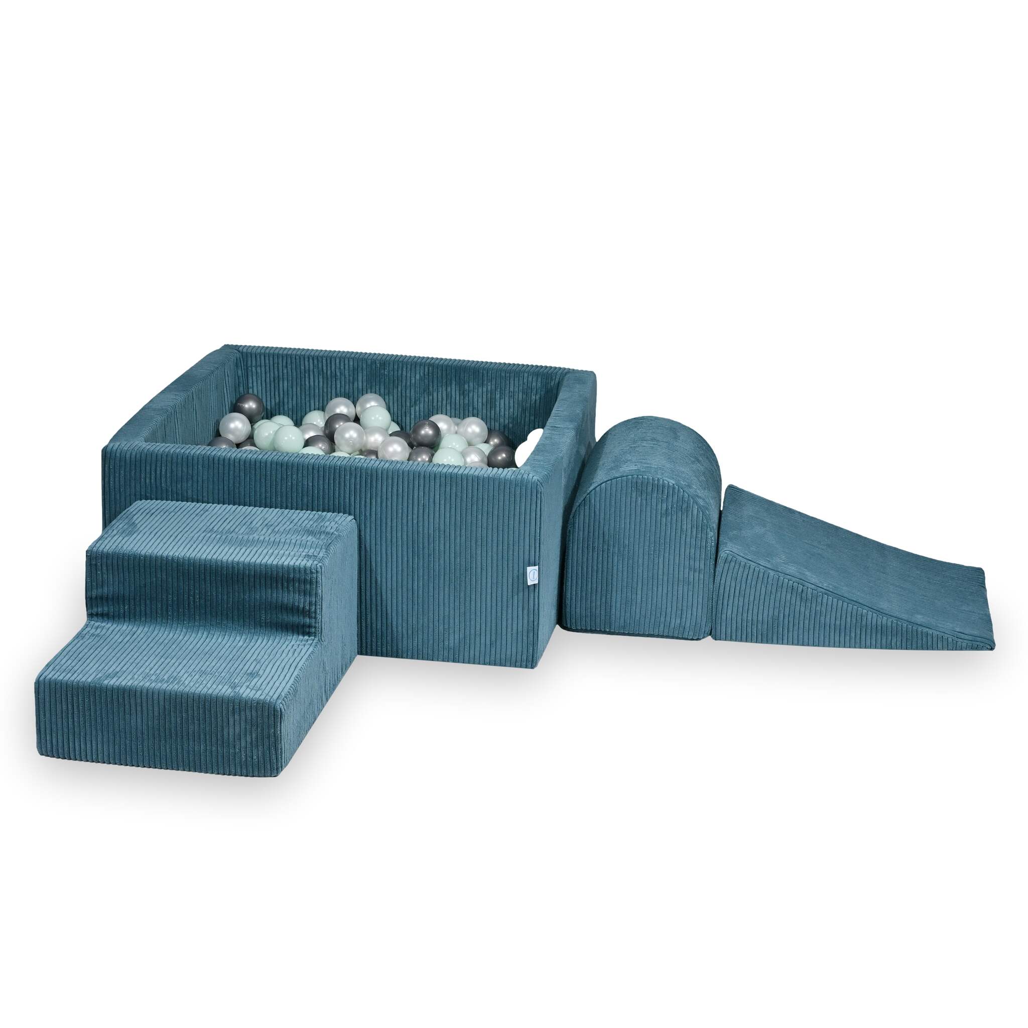 Mimii Schaumstoff-Spielset mit quadratischem Bällebad aus Cord in Blau – 90 × 90 × 40 cm, mit 400 Bällen