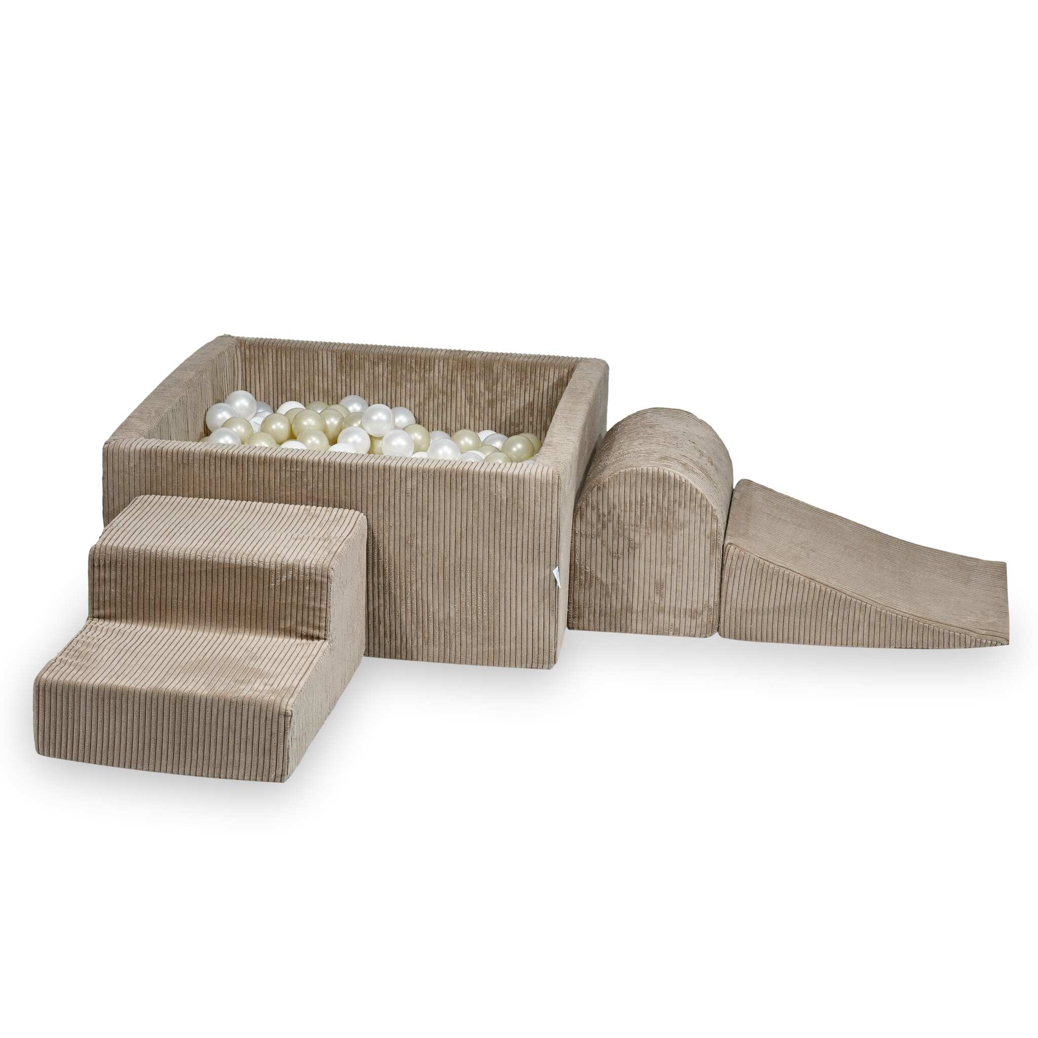 Mimii Schaumstoff-Spielset mit quadratischem Bällebad aus Cord in Toffee – 90 × 90 × 40 cm, mit 400 Bällen