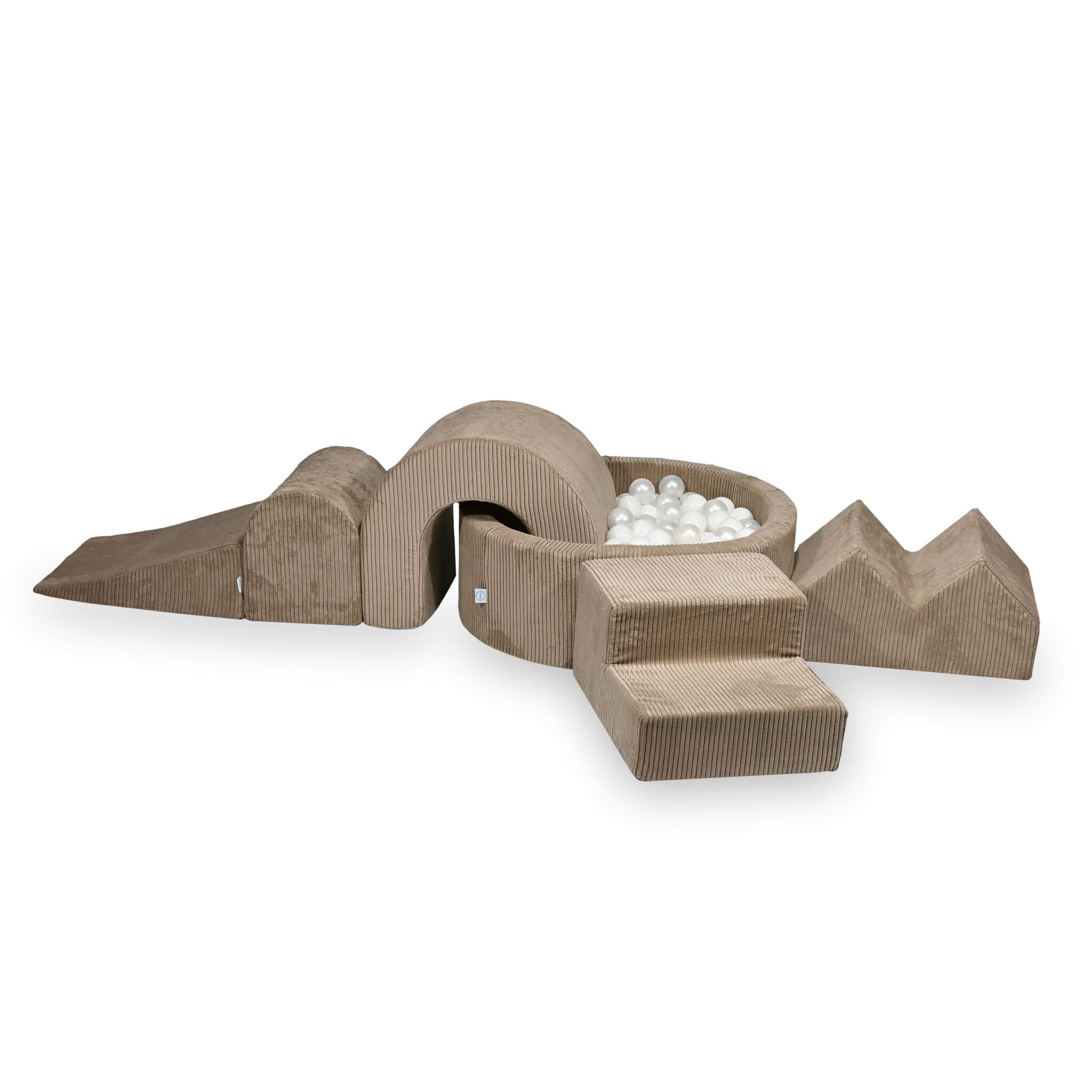 Mimii Schaumstoff-Spielset mit rundem Bällebad 90 × 30 cm aus Cord in Toffee – 5-teilig, mit 200 Bällen
