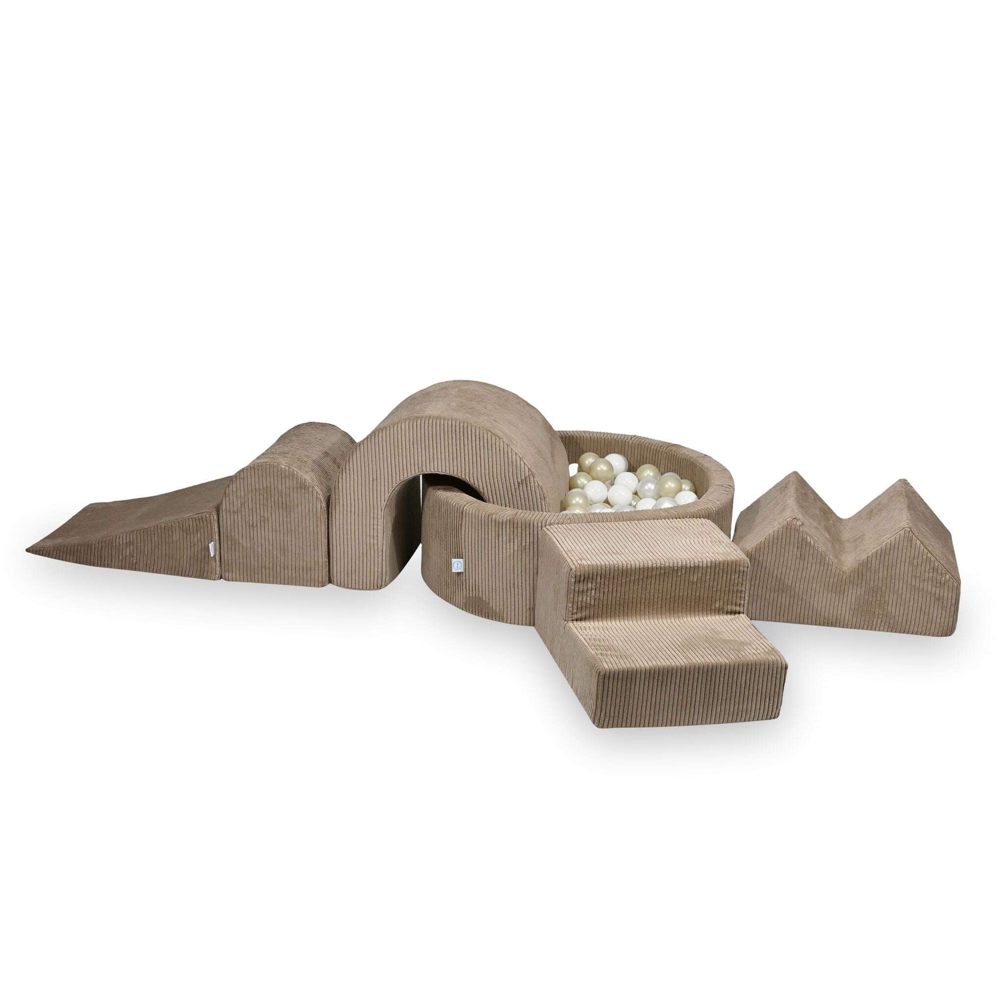 Mimii Schaumstoff-Spielset mit rundem Bällebad 90 × 30 cm aus Cord in Toffee – 5-teilig, mit 200 Bällen