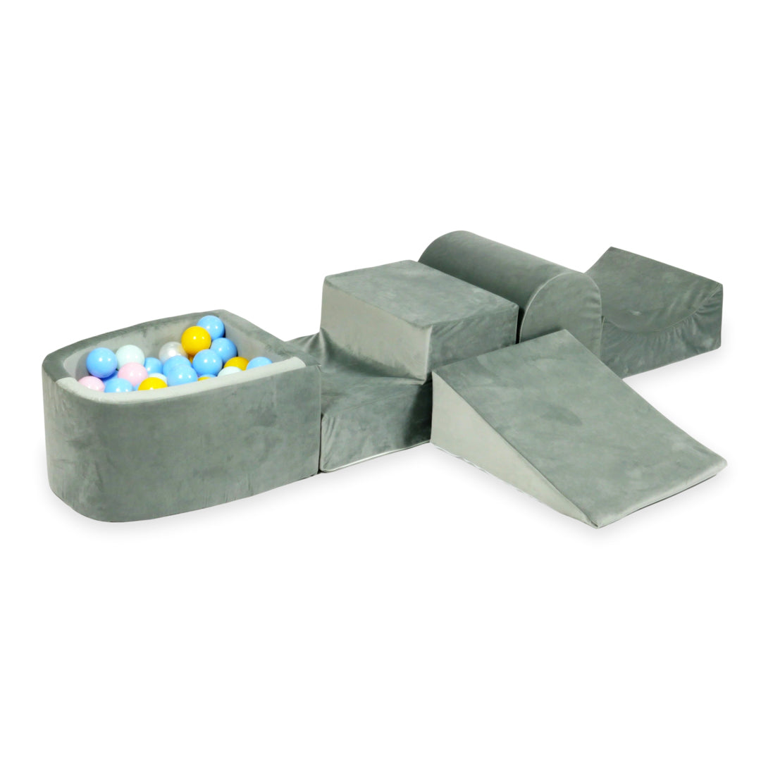 Piankowy plac zabaw z górką i basenem micro velvet szary + 100 piłek