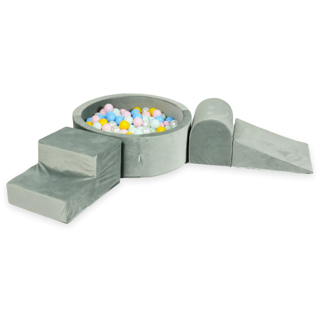 Mimii Schaumstoff-Spielset mit rundem Bällebad 90 × 30 cm aus Samt in Grau – mit 200 Bällen