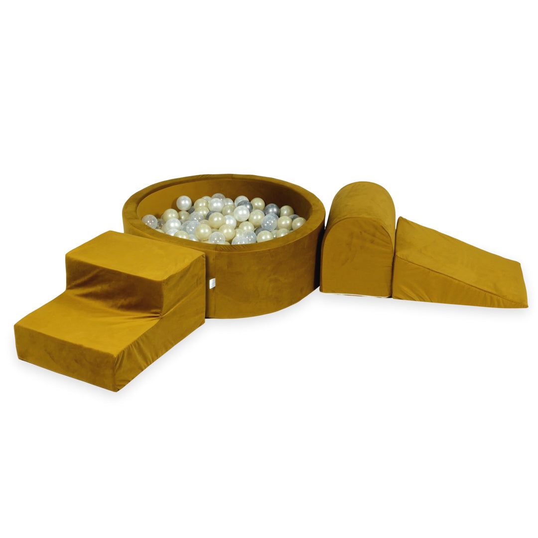 Mimii Schaumstoff-Spielset mit rundem Bällebad 90 × 30 cm aus Samt in Gold – mit 200 Bällen