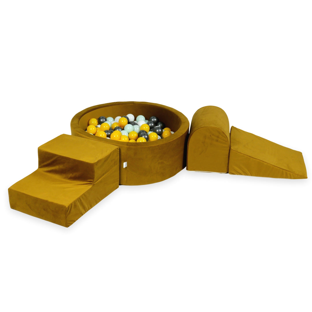 Piankowy plac zabaw z okrągłym basenem 90x30 cm velvet złoty + 200 piłek