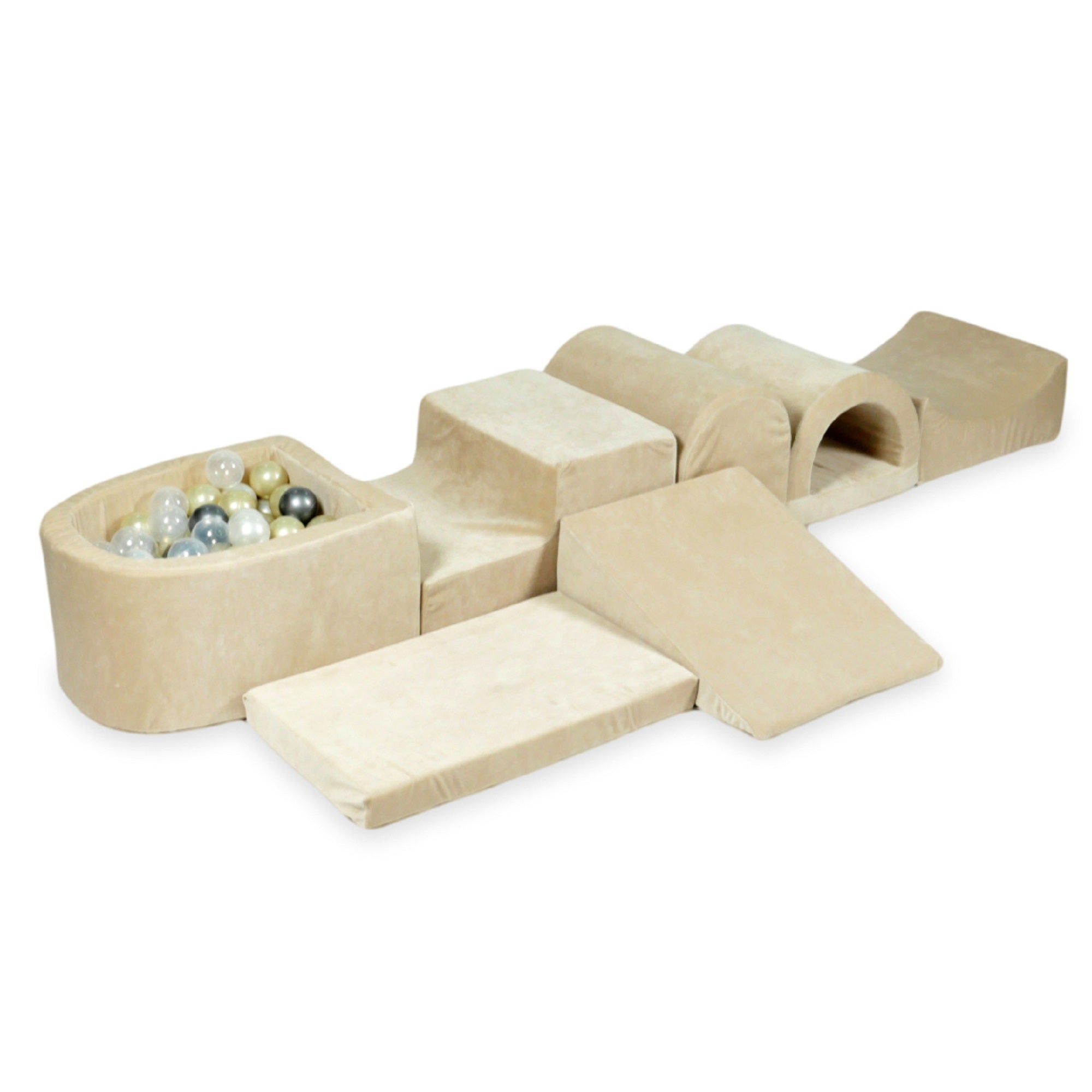 Mimii großes Schaumstoff-Spielset mit Mini-Bällebad aus Velvet Soft in Beige – mit 100 Bällen