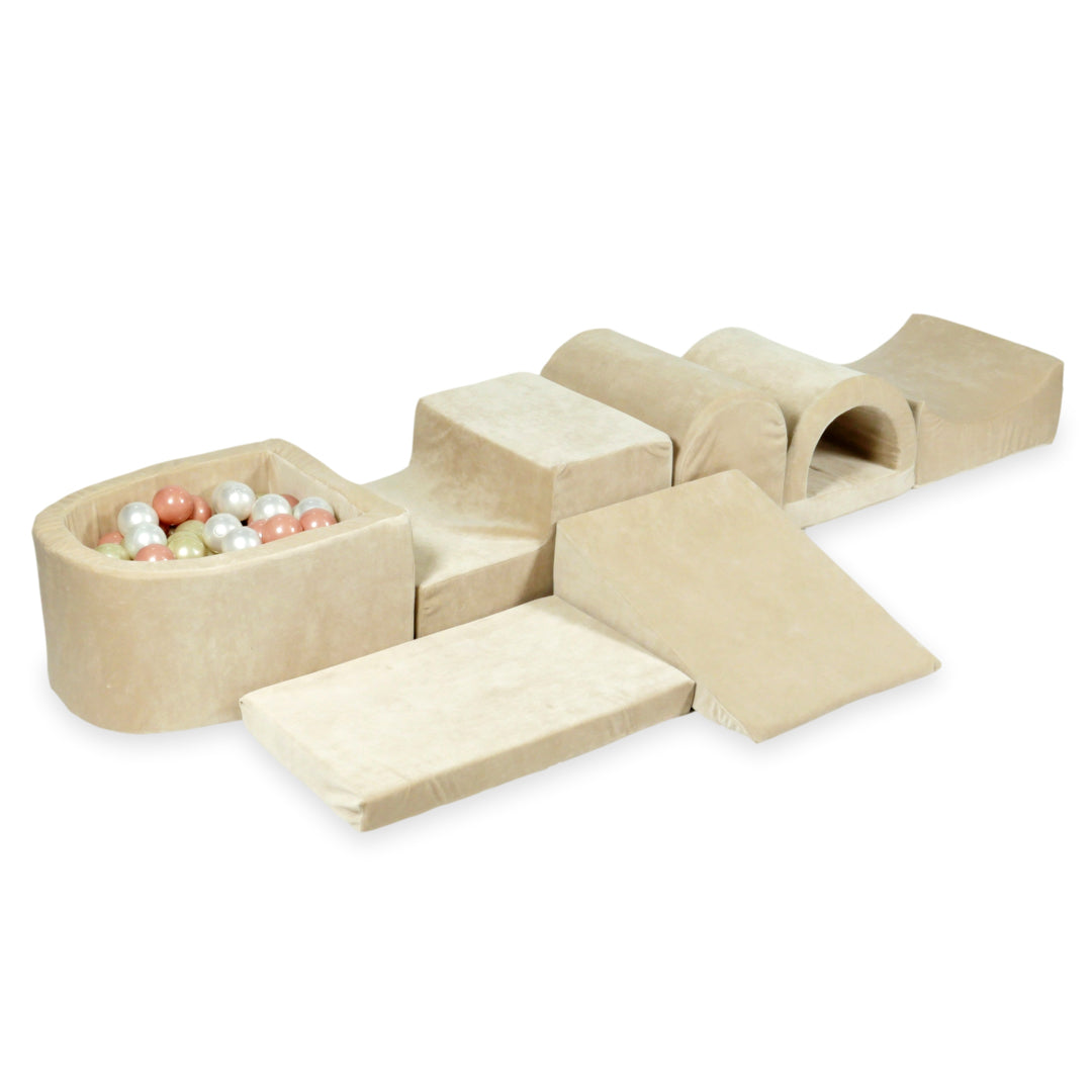 Mimii großes Schaumstoff-Spielset mit Mini-Bällebad aus Velvet Soft in Beige – mit 100 Bällen