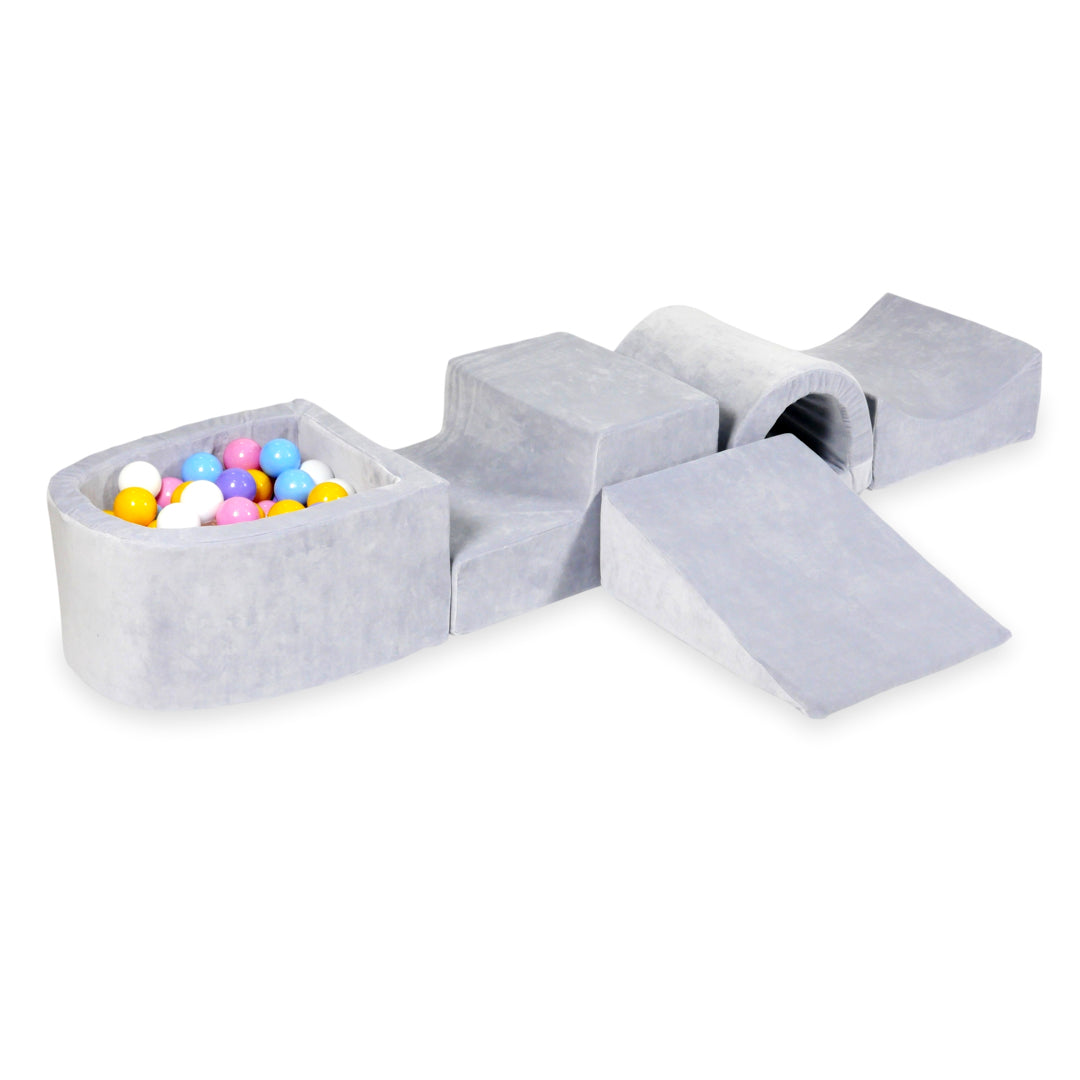 Piankowy plac zabaw z mostem i basenem micro Velvet Soft jasnoszary + 100 piłek