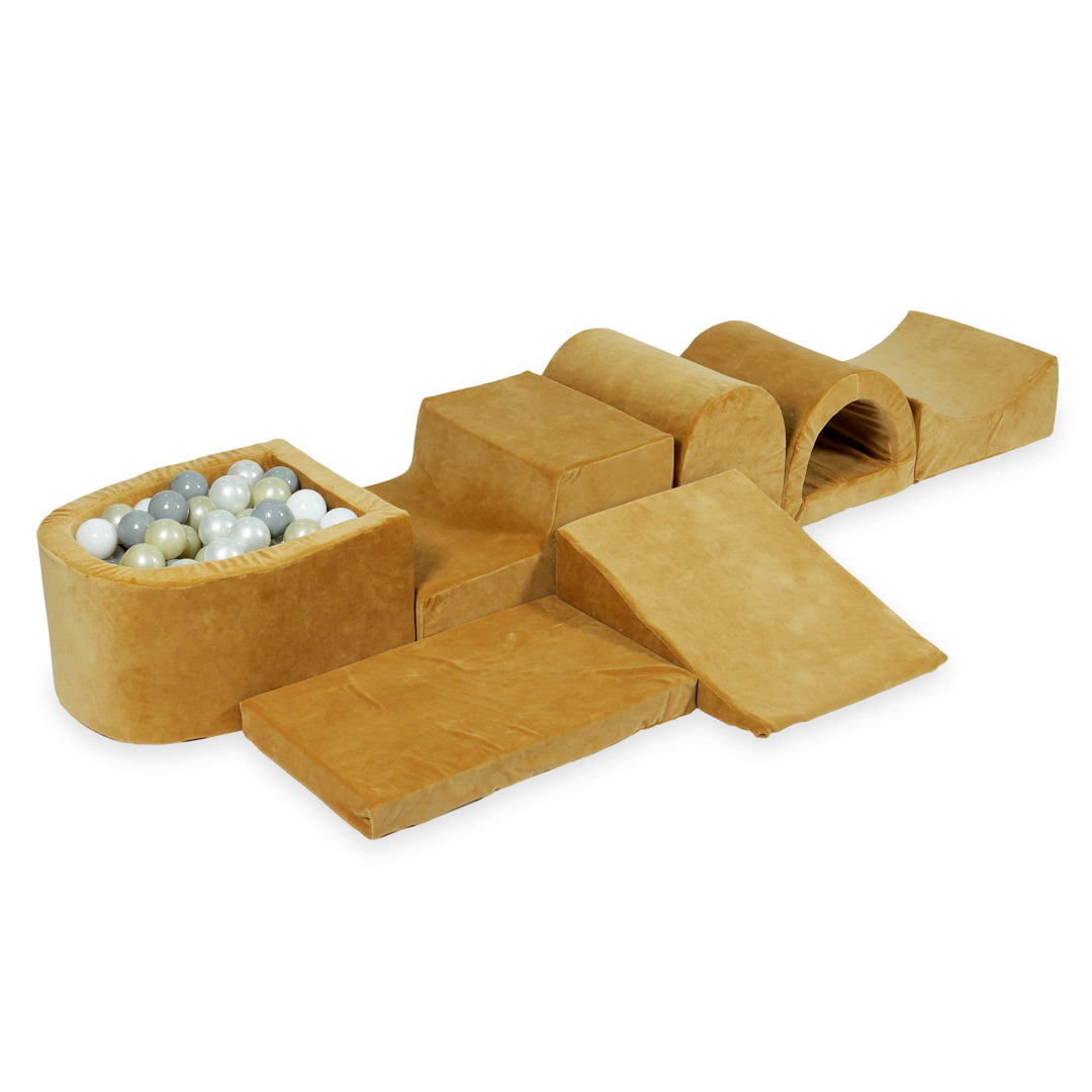 Mimii großes Schaumstoff-Spielset mit Mini-Bällebad aus Velvet Soft in Karamell – mit 100 Bällen