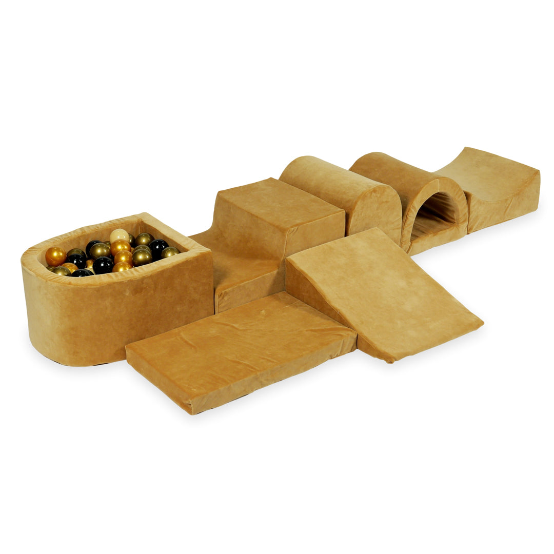 Mimii großes Schaumstoff-Spielset mit Mini-Bällebad aus Velvet Soft in Karamell – mit 100 Bällen