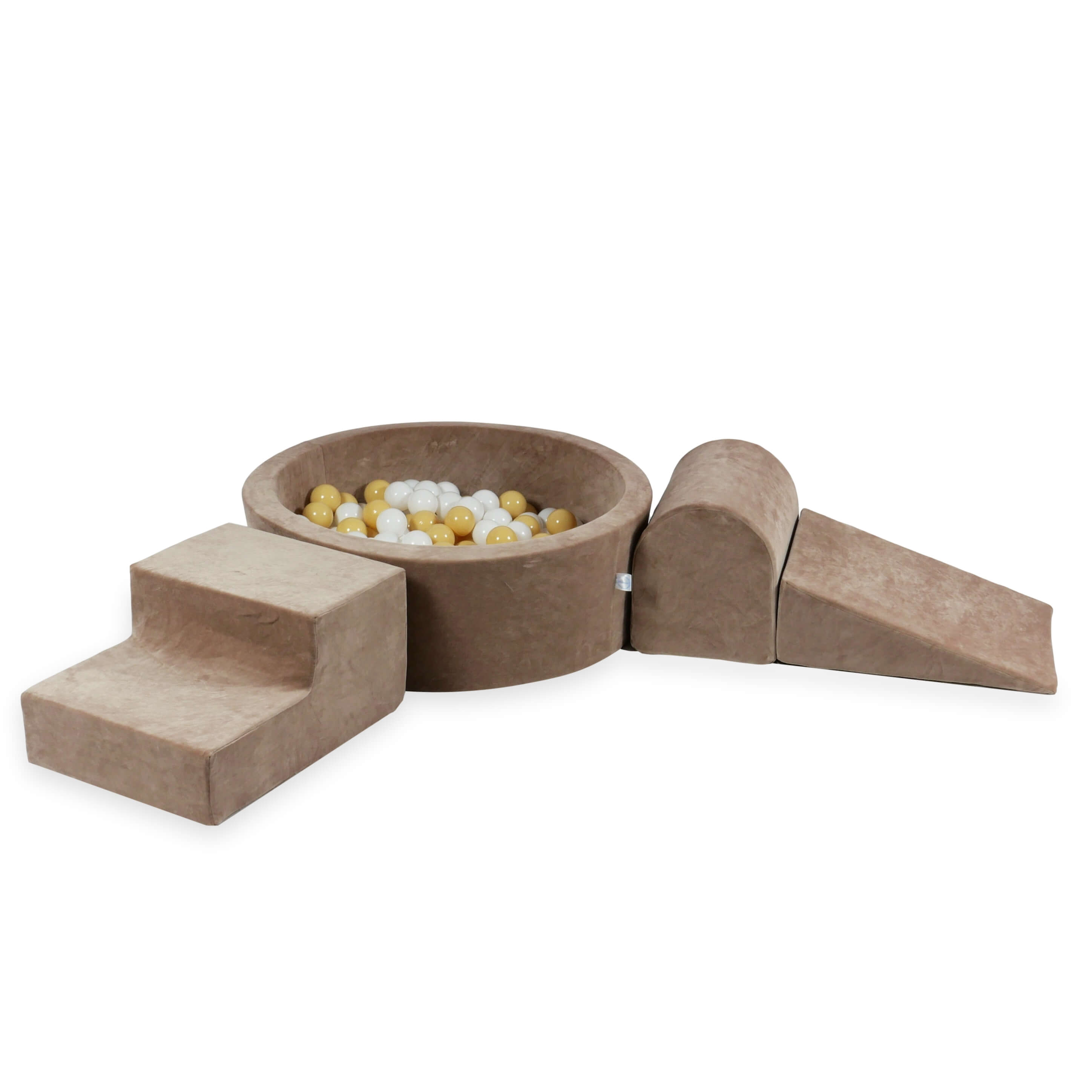 Mimii Schaumstoff-Spielset mit rundem Bällebad 90 × 30 cm aus Velvet Soft in Braun – mit 200 Bällen