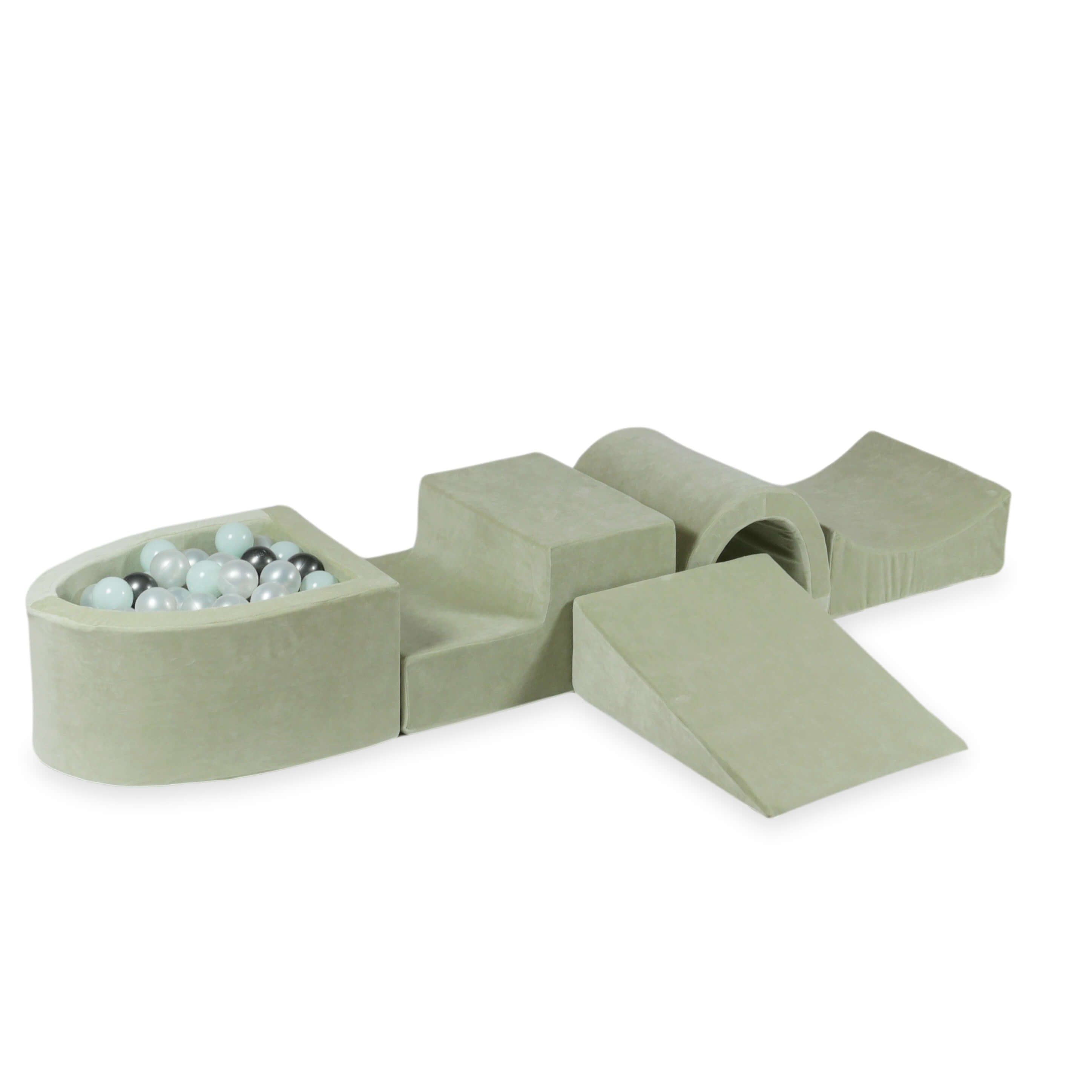 Piankowy plac zabaw z mostem i basenem micro Velvet Soft pistacjowy + 100 piłek