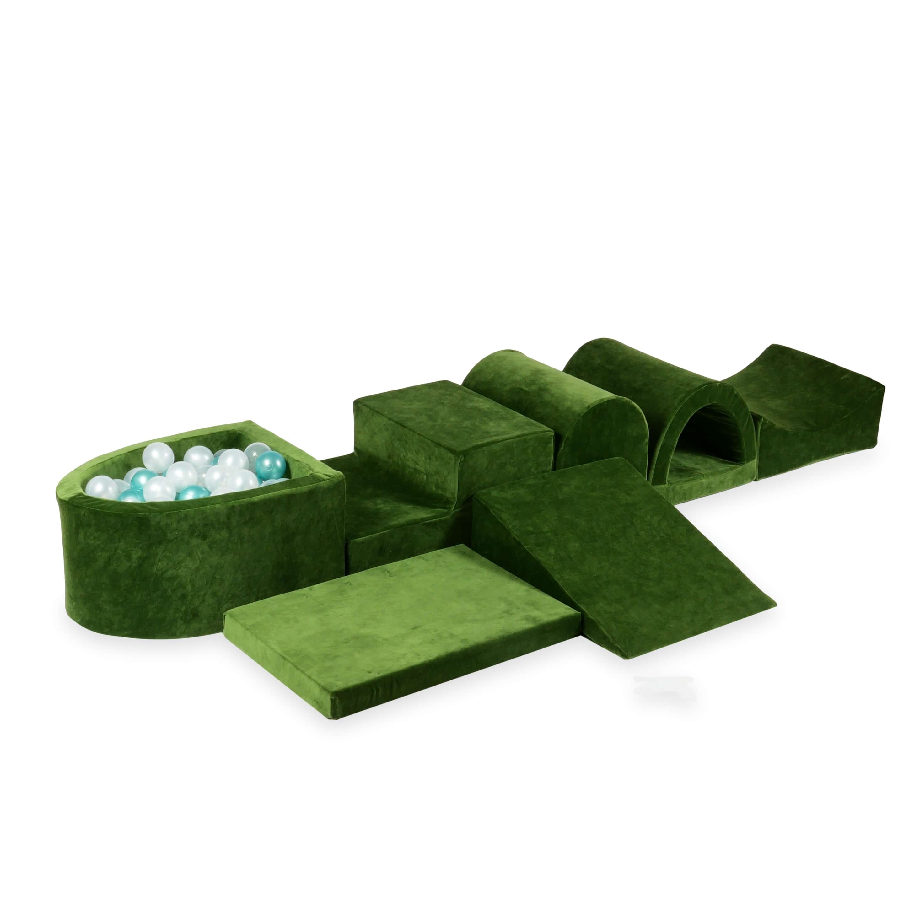 Mimii großes Schaumstoff-Spielset mit Mini-Bällebad aus Velvet Soft in Olivgrün – mit 100 Bällen
