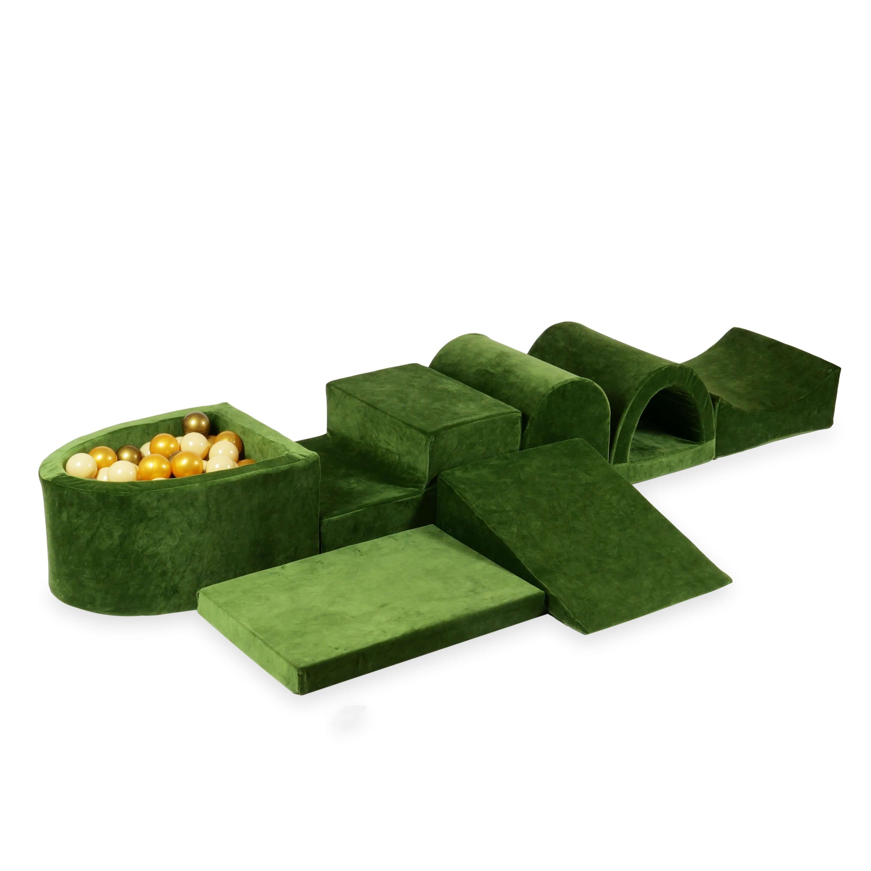 Mimii großes Schaumstoff-Spielset mit Mini-Bällebad aus Velvet Soft in Olivgrün – mit 100 Bällen