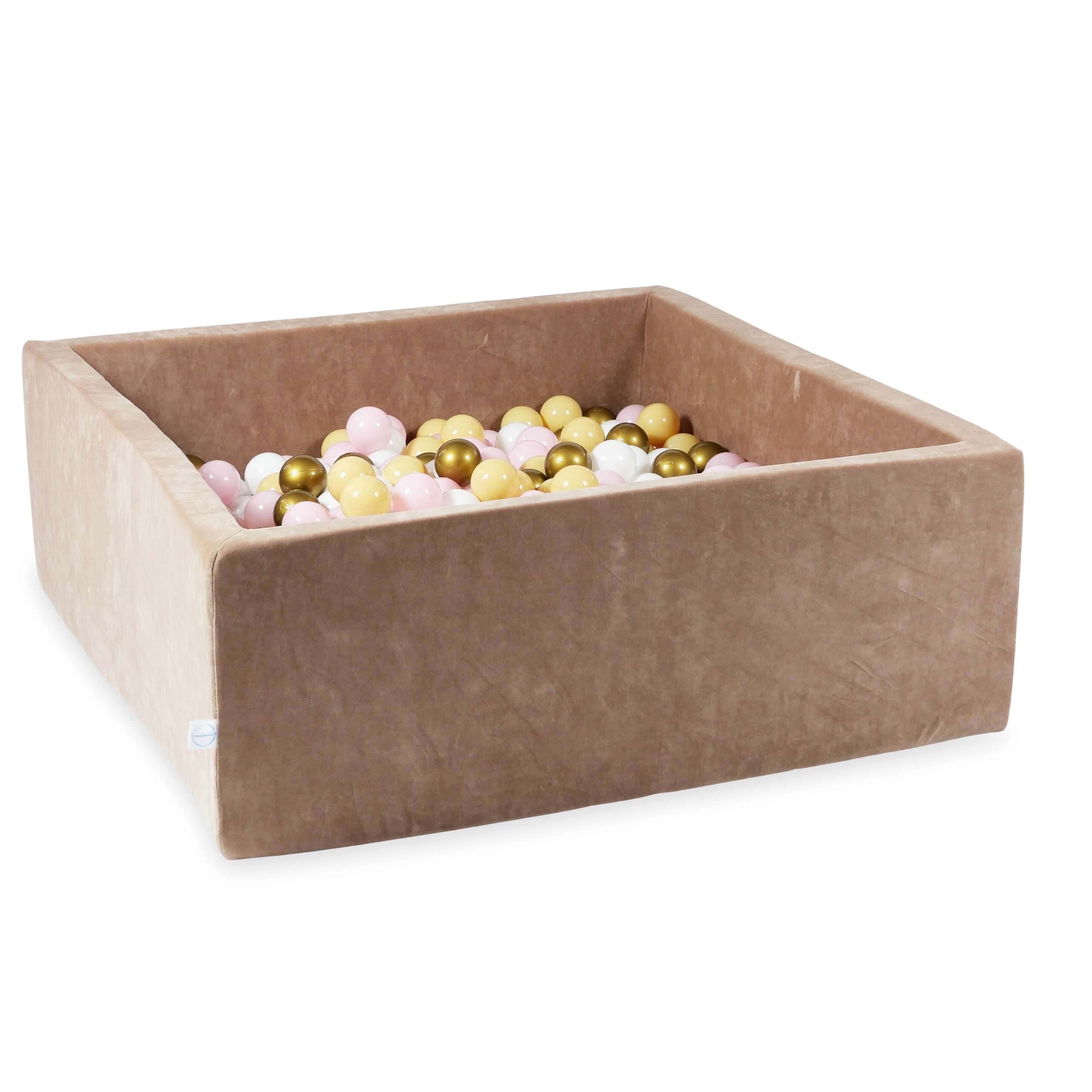 Square ball pit with balls 110 × 110 × 40 cm Velvet Soft brown + 600 balls