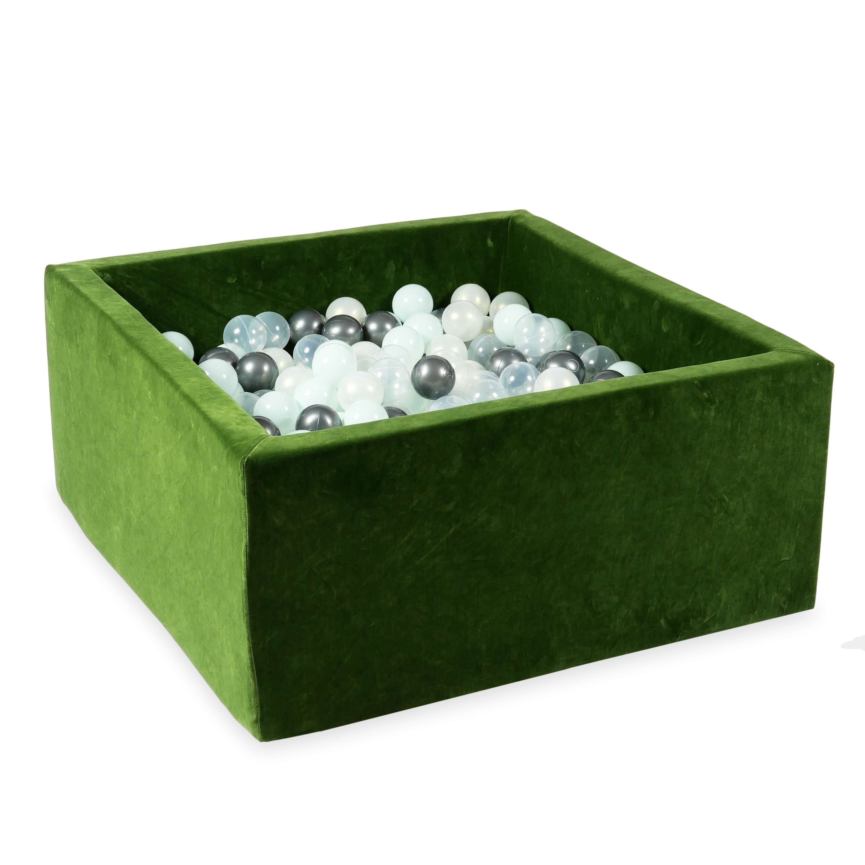 Square ball pit with balls 90 × 90 × 40 cm Velvet Soft olive + 400 balls