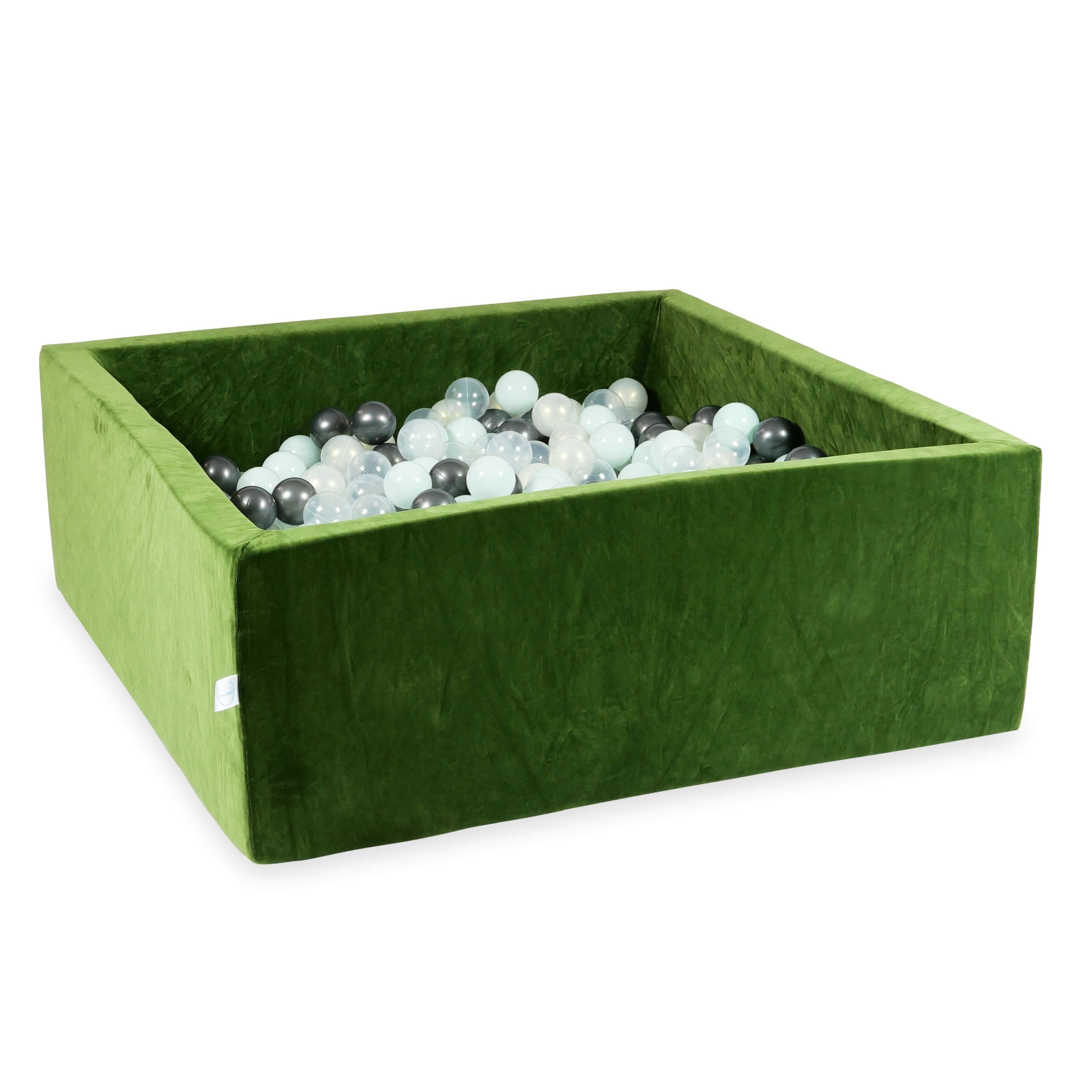 Square ball pit with balls 110 × 110 × 40 cm Velvet Soft olive + 600 balls