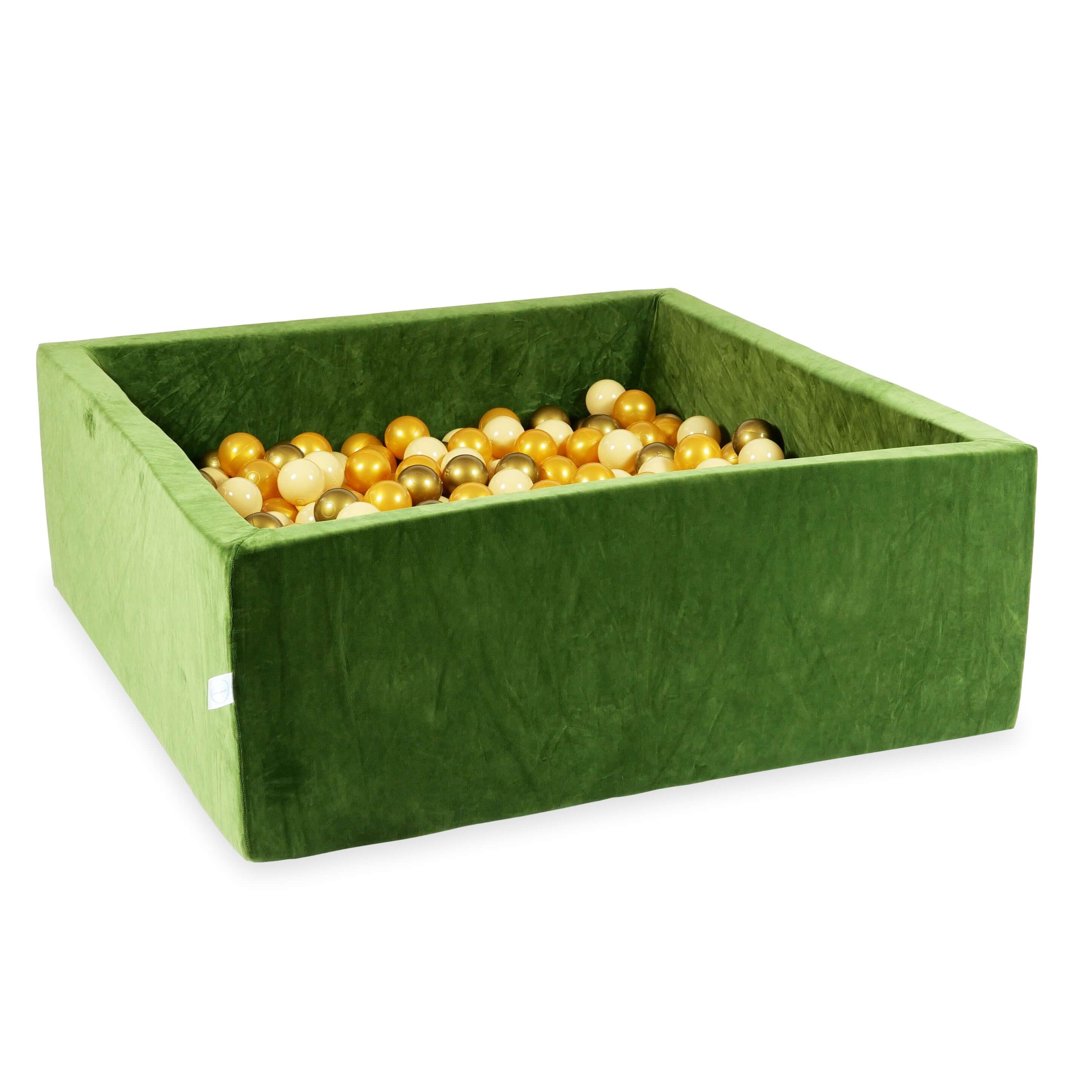 Mimii Bällebad aus Velvet Soft in Olivgrün – quadratisch, 110 × 110 × 40 cm, mit 600 Bällen