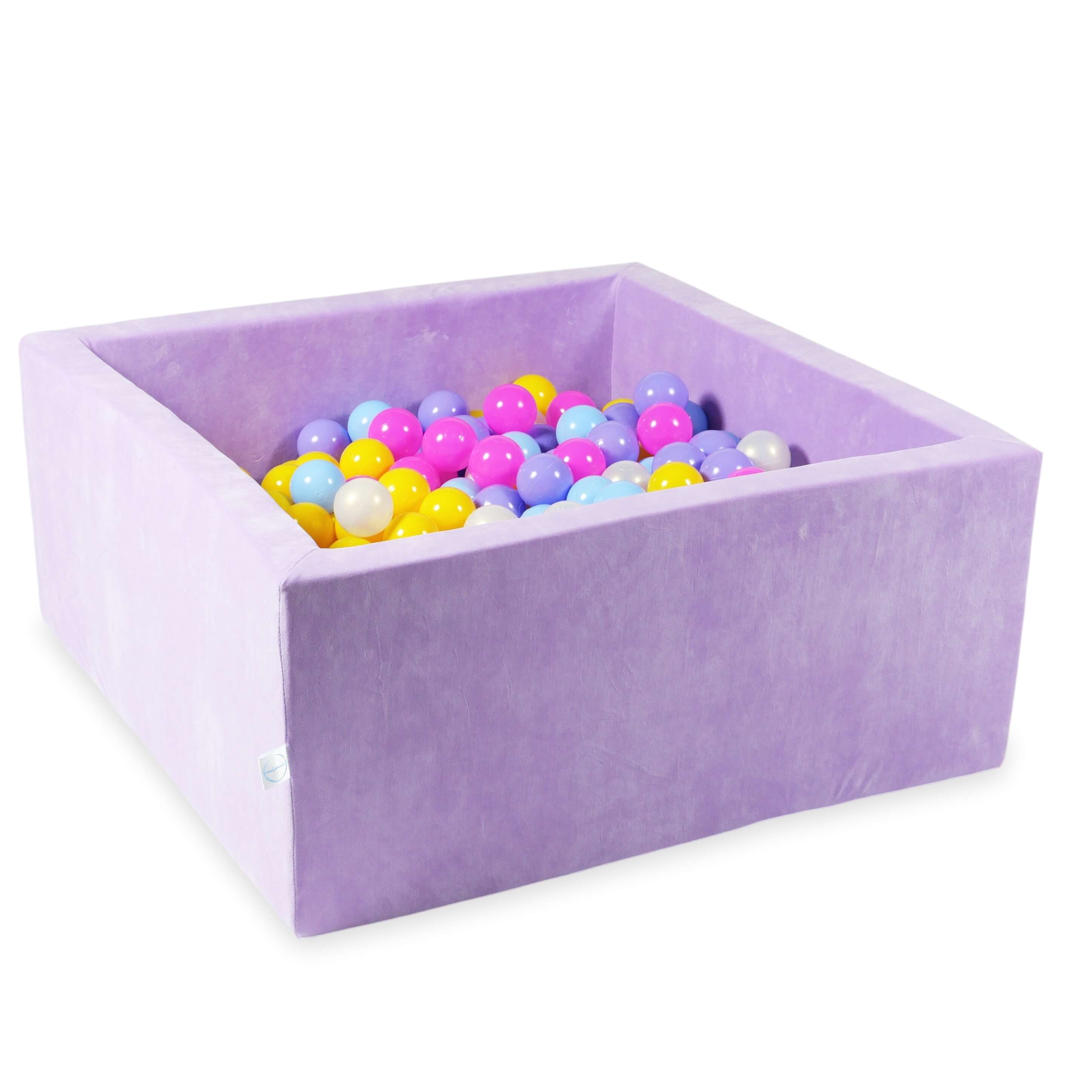 Square ball pit with balls 90 × 90 × 40 cm Velvet Soft lilac + 400 balls