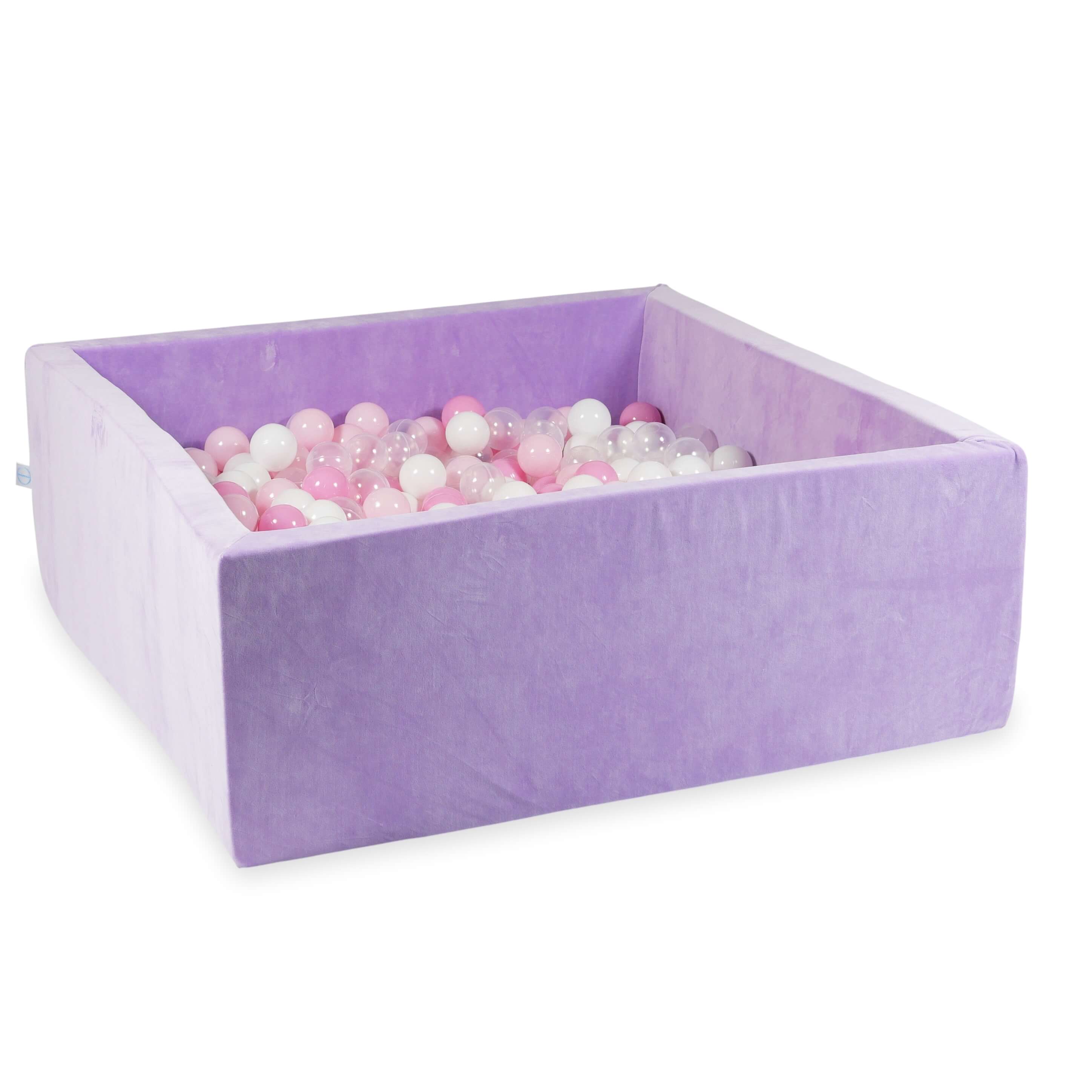 Square ball pit with balls 110 × 110 × 40 cm Velvet Soft lilac + 600 balls