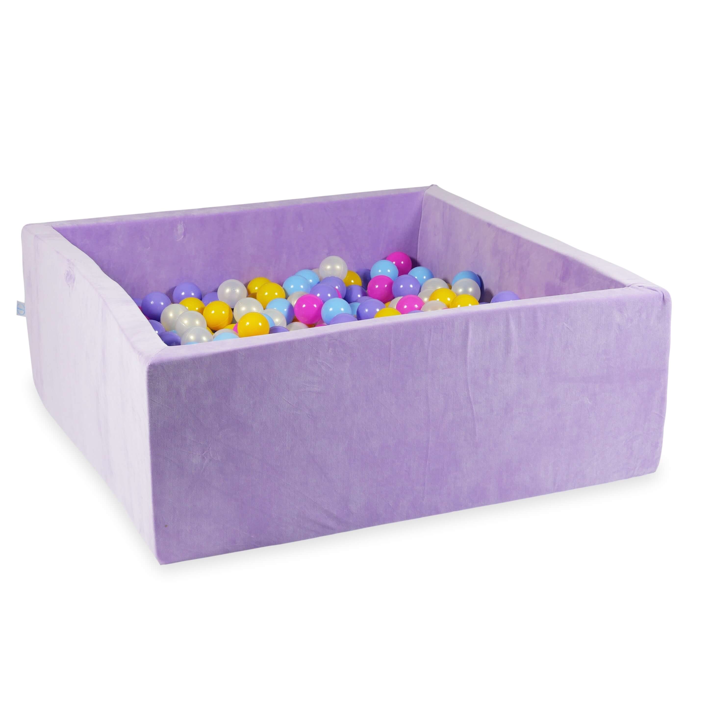 Square ball pit with balls 110 × 110 × 40 cm Velvet Soft lilac + 600 balls