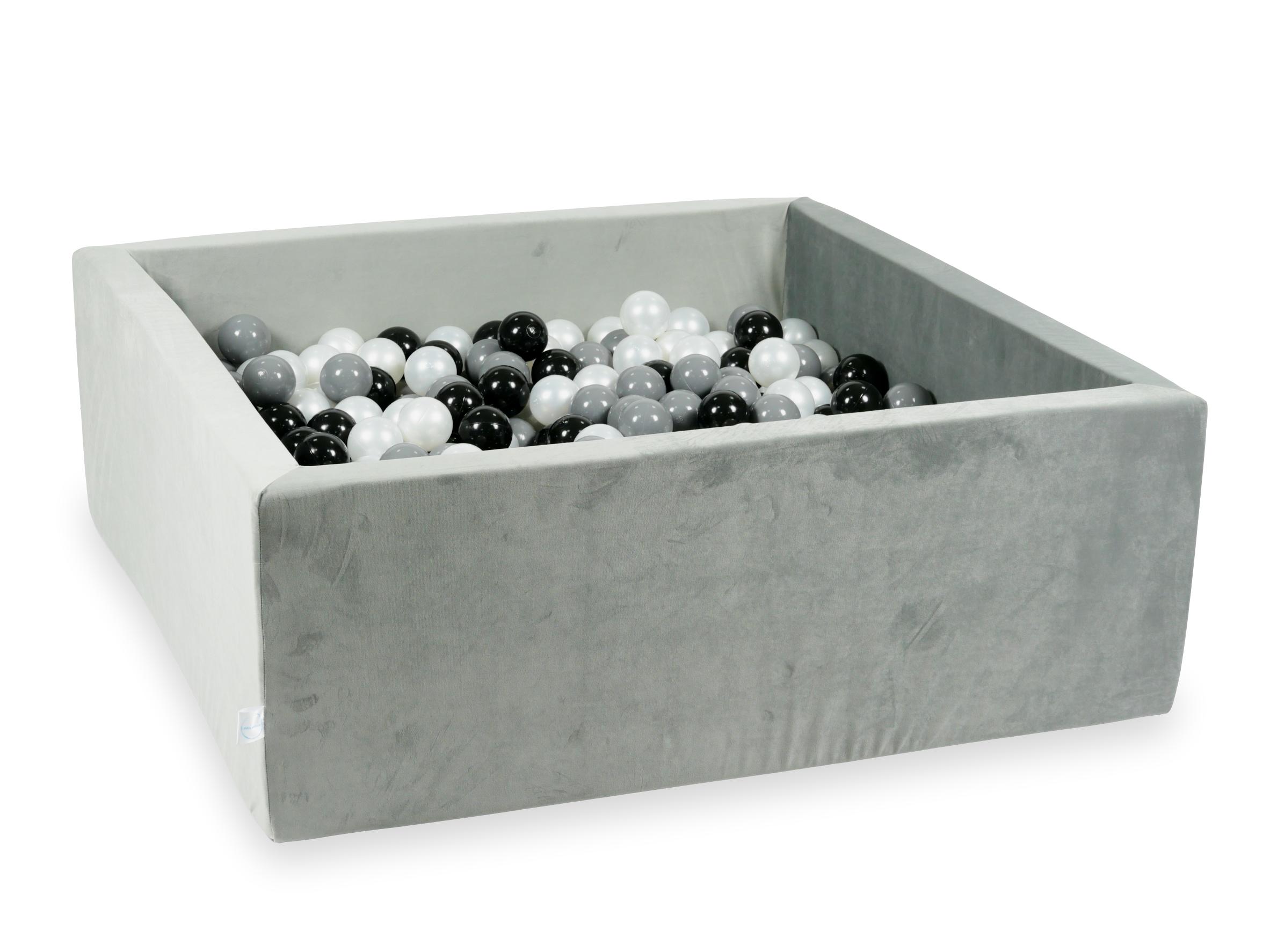 Mimii Bällebad aus Samt in Grau – quadratisch, 110 × 110 × 40 cm, mit 600 Bällen