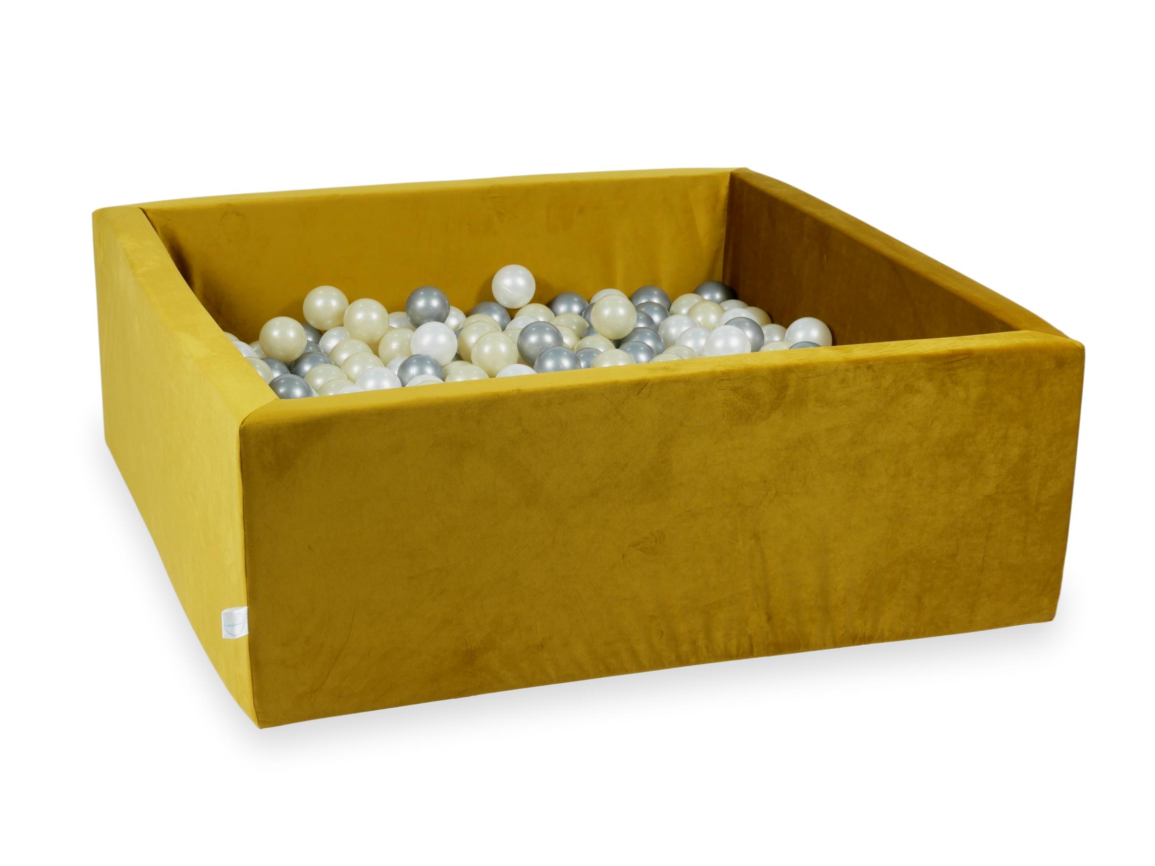 Square ball pit with balls 110 × 110 × 40 cm velvet gold + 600 balls