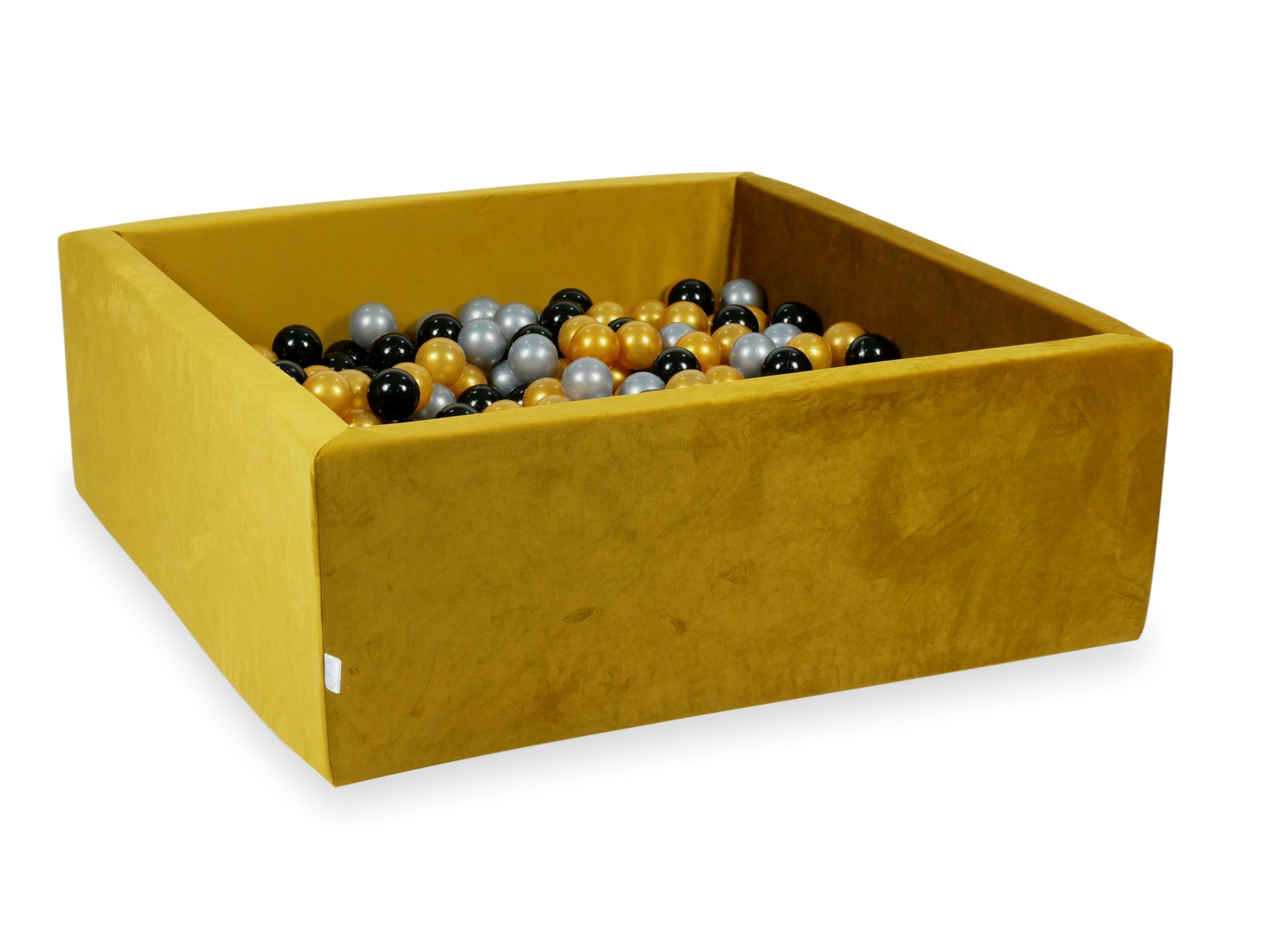 Mimii Bällebad aus Samt in Gold – quadratisch, 110 × 110 × 40 cm, mit 600 Bällen