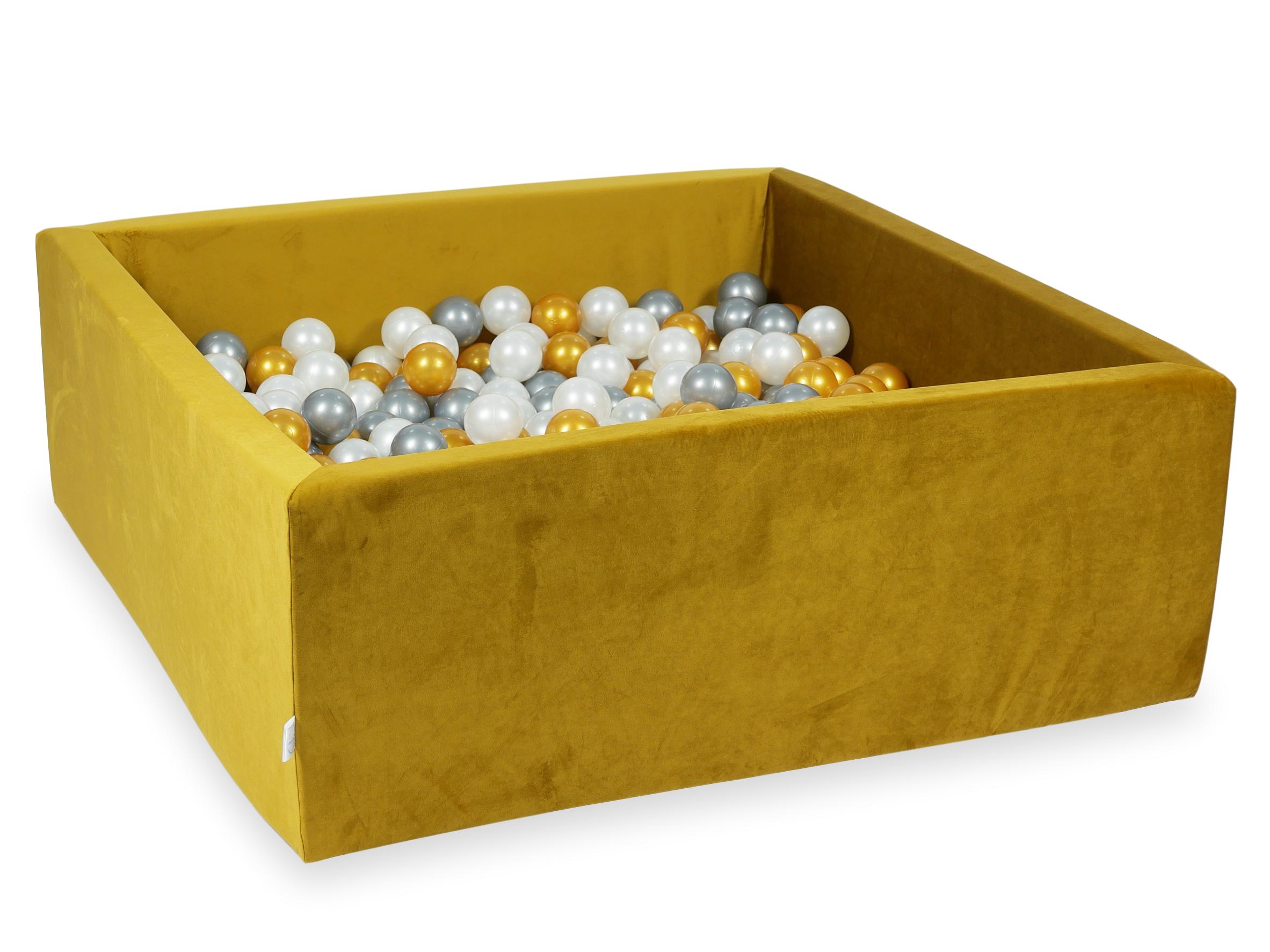 Square ball pit with balls 110 × 110 × 40 cm velvet gold + 600 balls