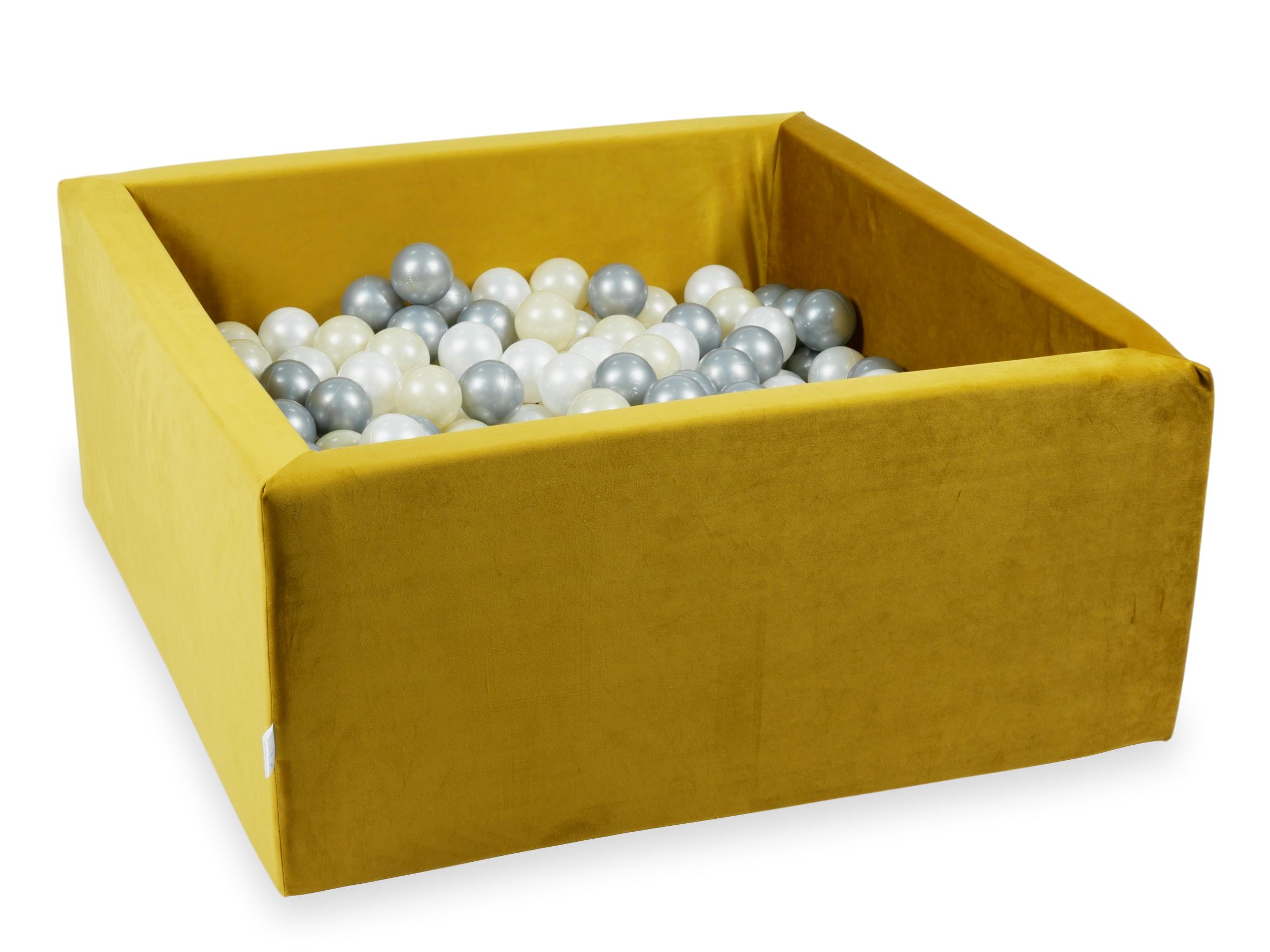 Square ball pit with balls 90 × 90 × 40 cm velvet gold + 400 balls