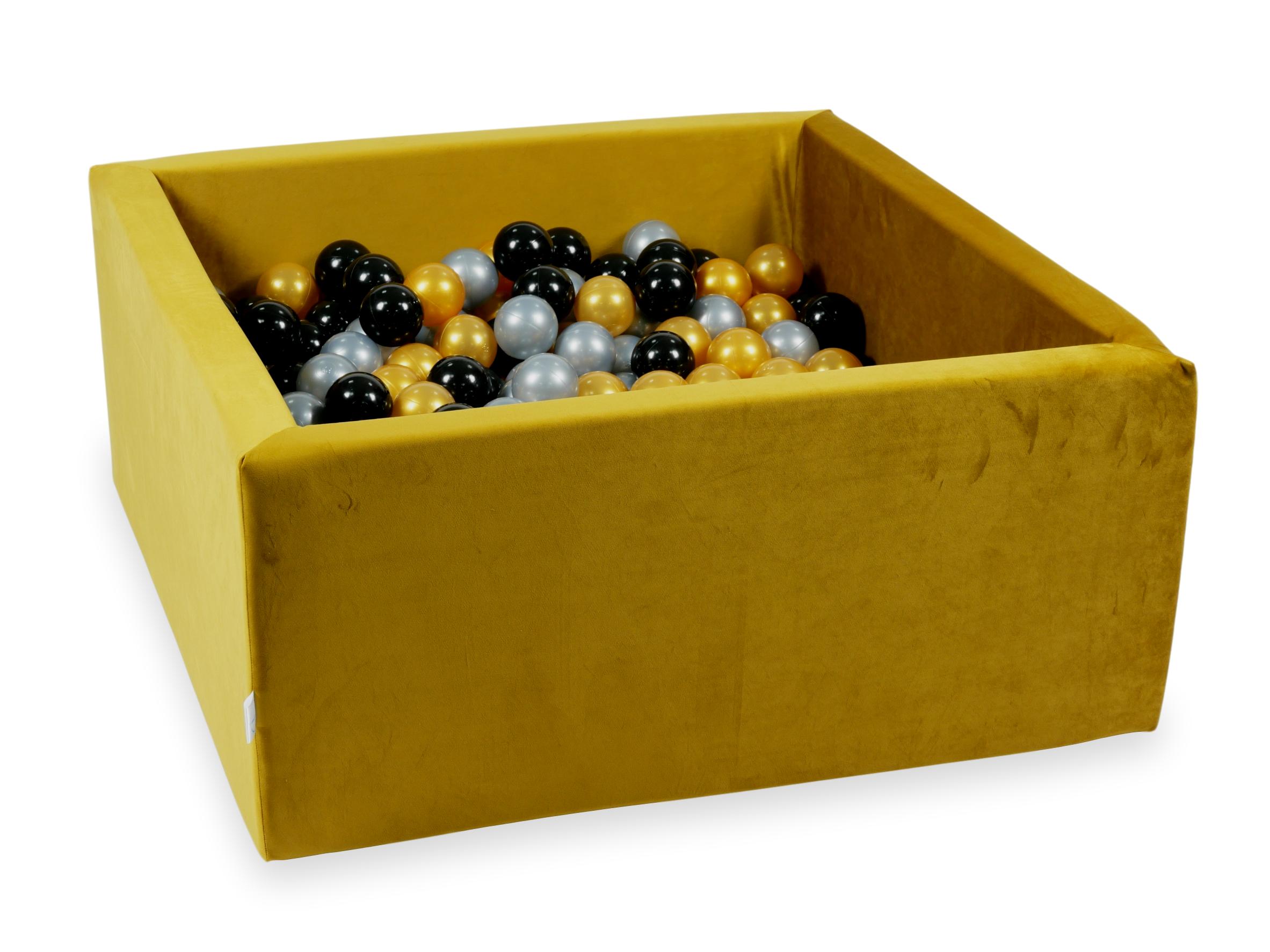 Mimii Bällebad aus Samt in Gold – quadratisch, 90 × 90 × 40 cm, mit 400 Bällen