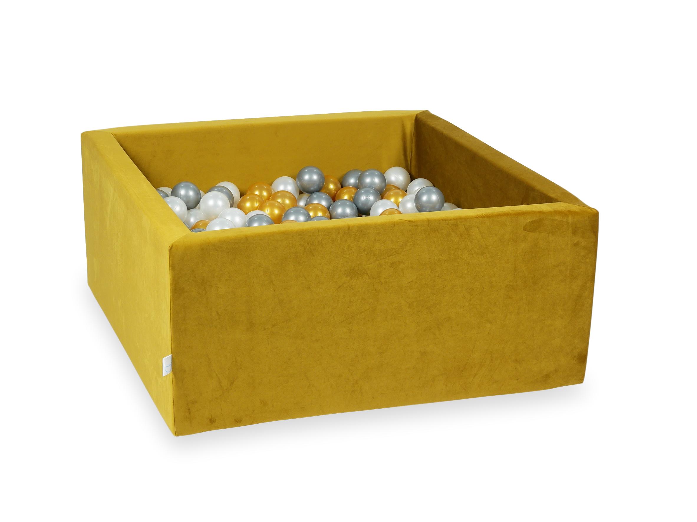 Square ball pit with balls 90 × 90 × 40 cm velvet gold + 400 balls
