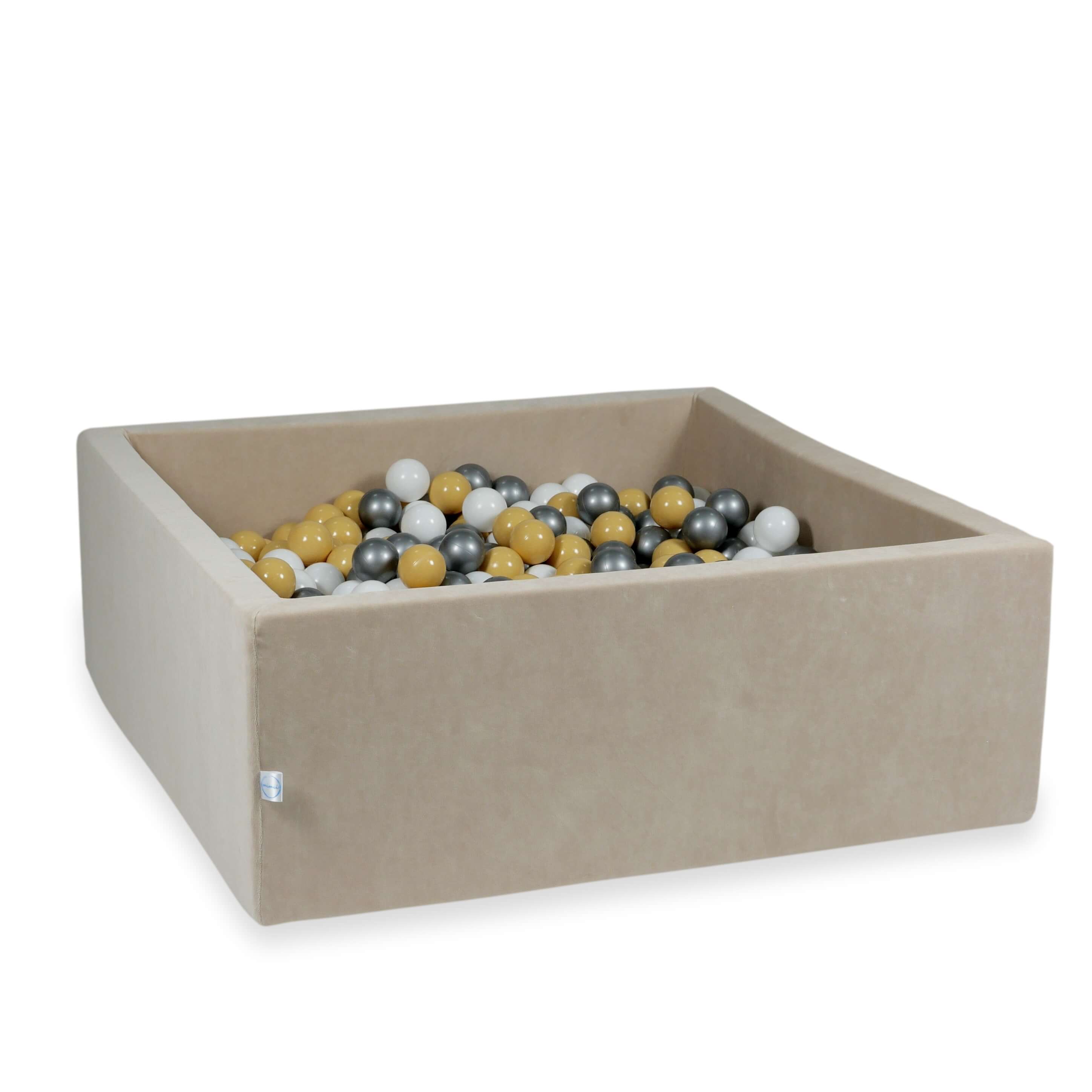 Square ball pit with balls 110 × 110 × 40 cm Velvet Soft beige + 600 balls