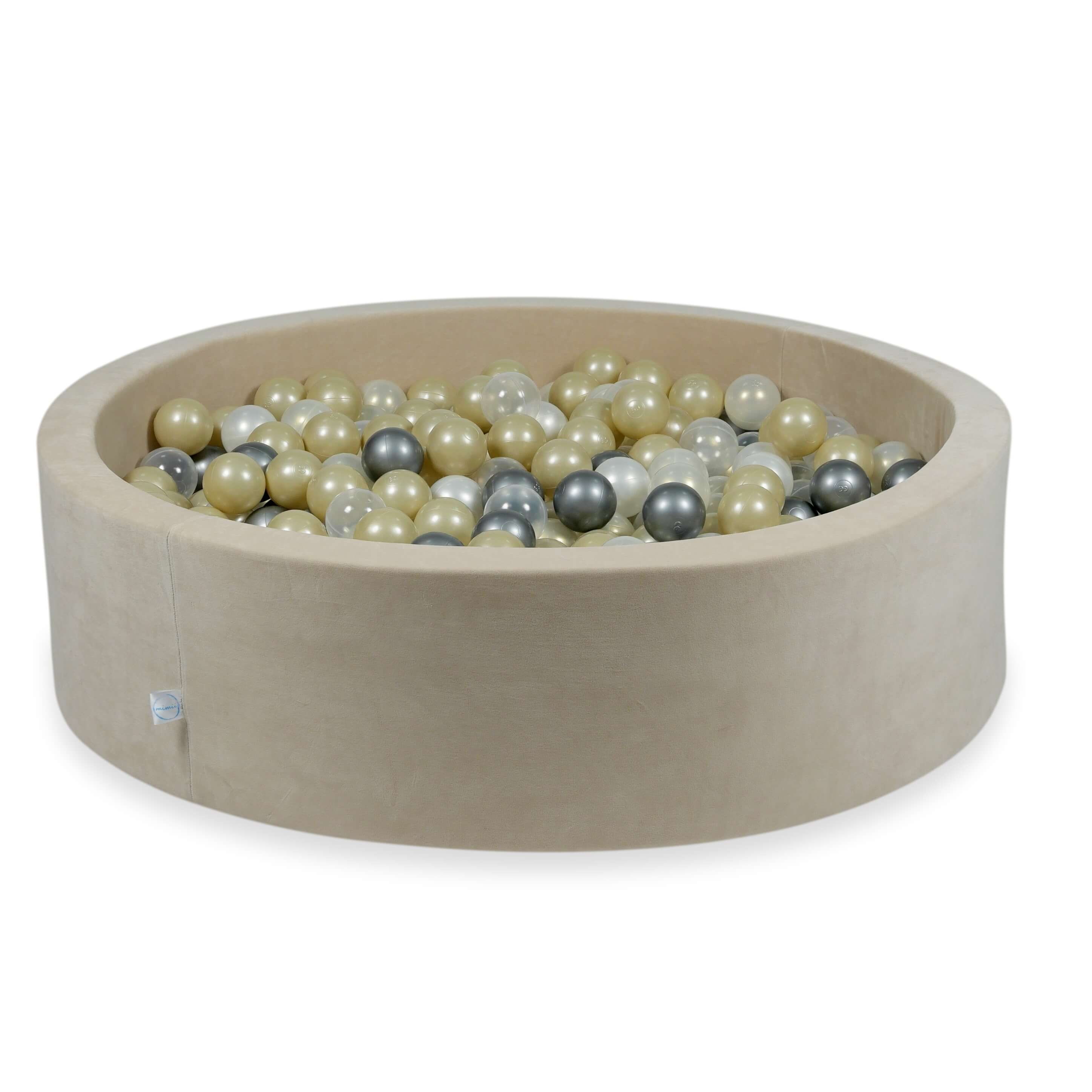 Mimii Bällebad aus Velvet Soft in Beige – rund, 110 × 30 cm, mit 400 Bällen