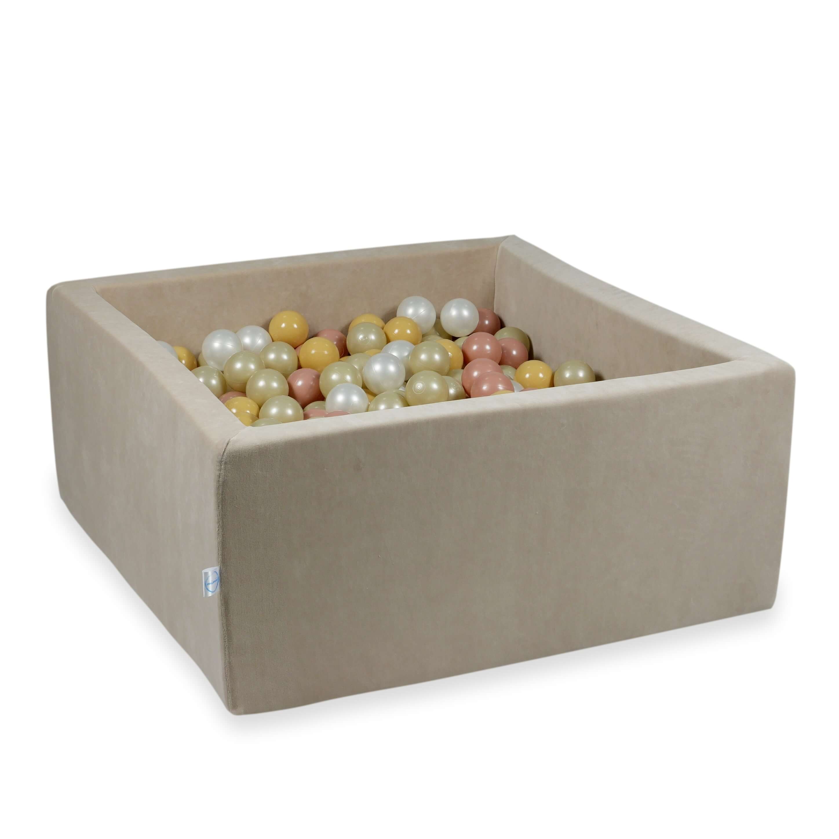 Square ball pit with balls 90 × 90 × 40 cm Velvet Soft beige + 400 balls