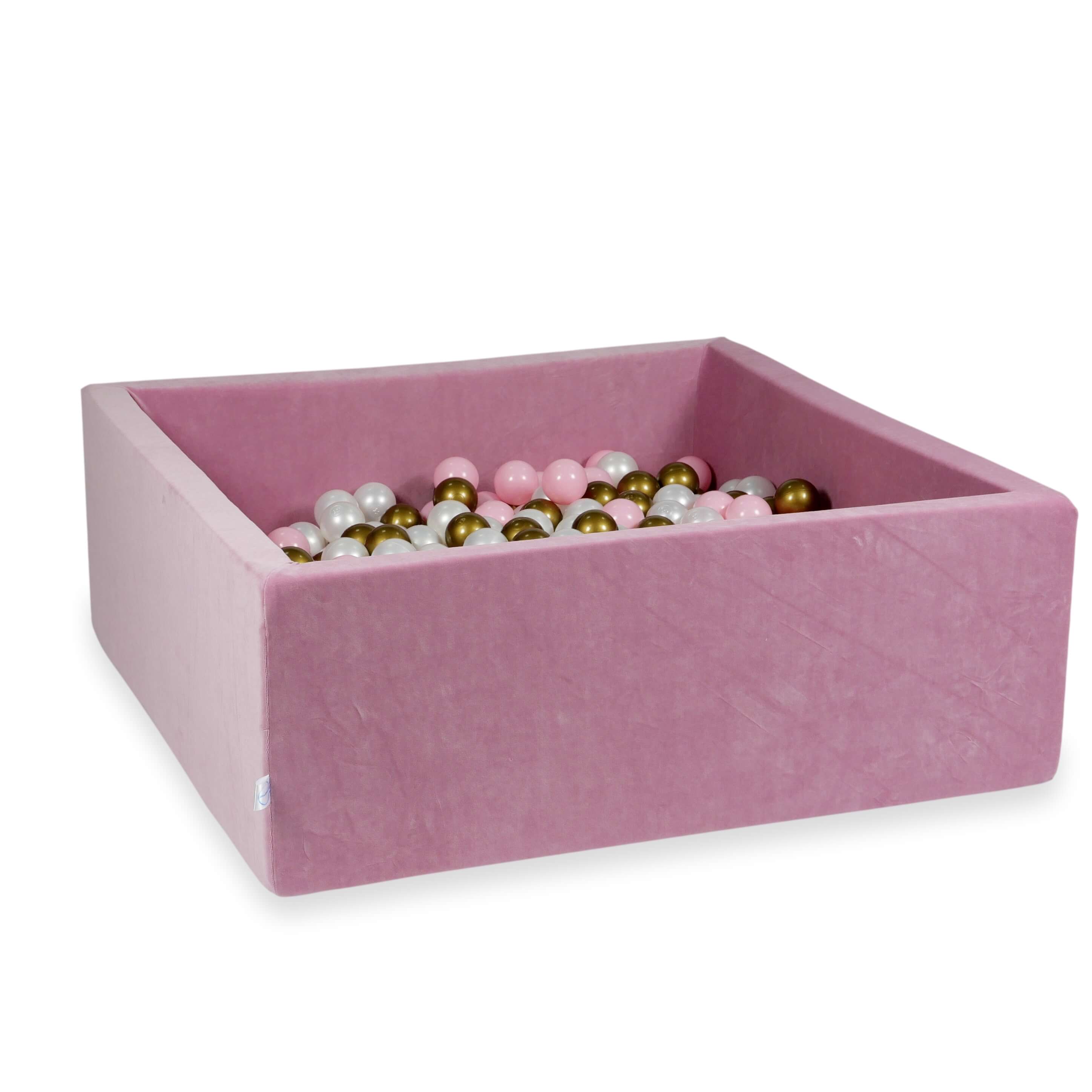 Mimii Bällebad aus Velvet Soft in Rosa – quadratisch, 110 × 110 × 40 cm, mit 600 Bällen