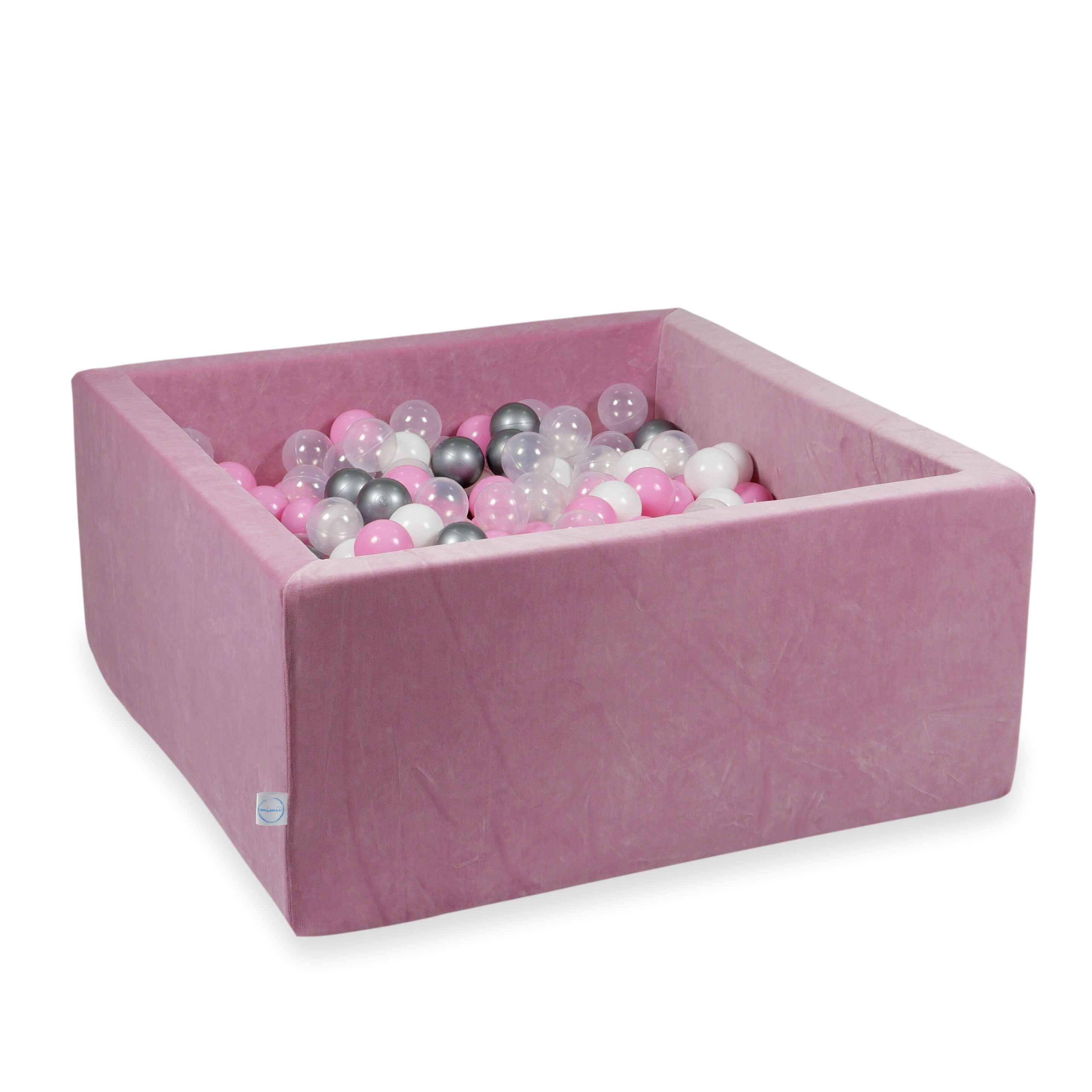 Mimii Bällebad aus Velvet Soft in Rosa – quadratisch, 90 × 90 × 40 cm, mit 400 Bällen