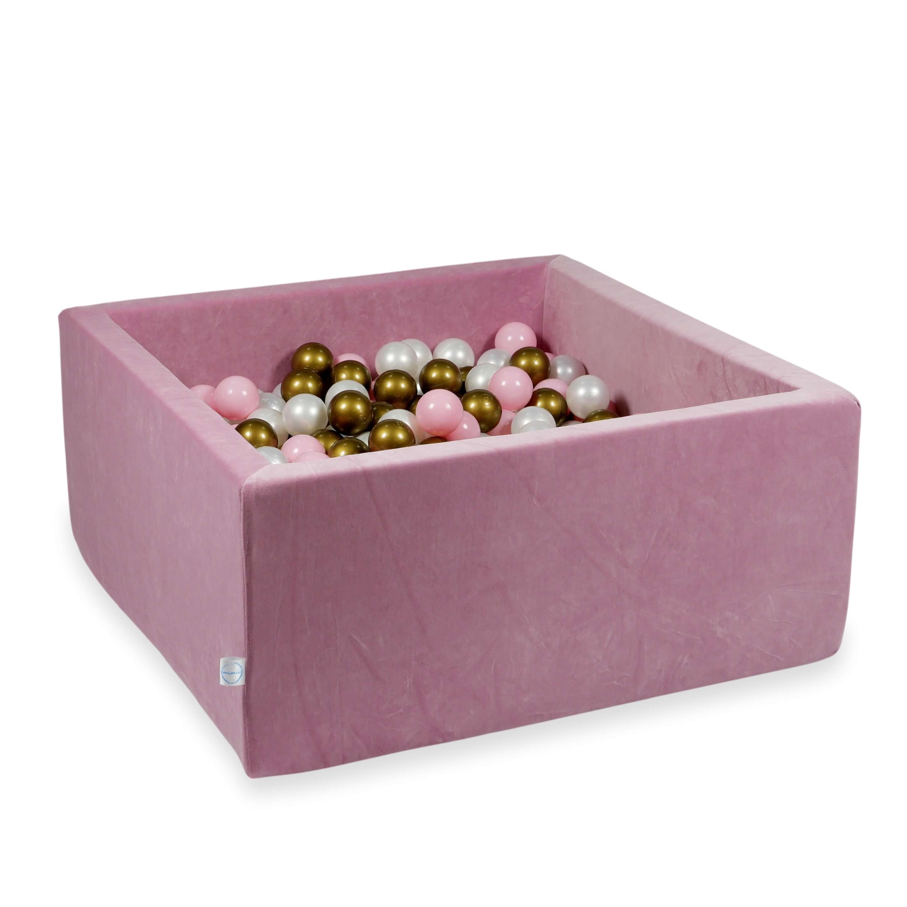 Mimii Bällebad aus Velvet Soft in Rosa – quadratisch, 90 × 90 × 40 cm, mit 400 Bällen