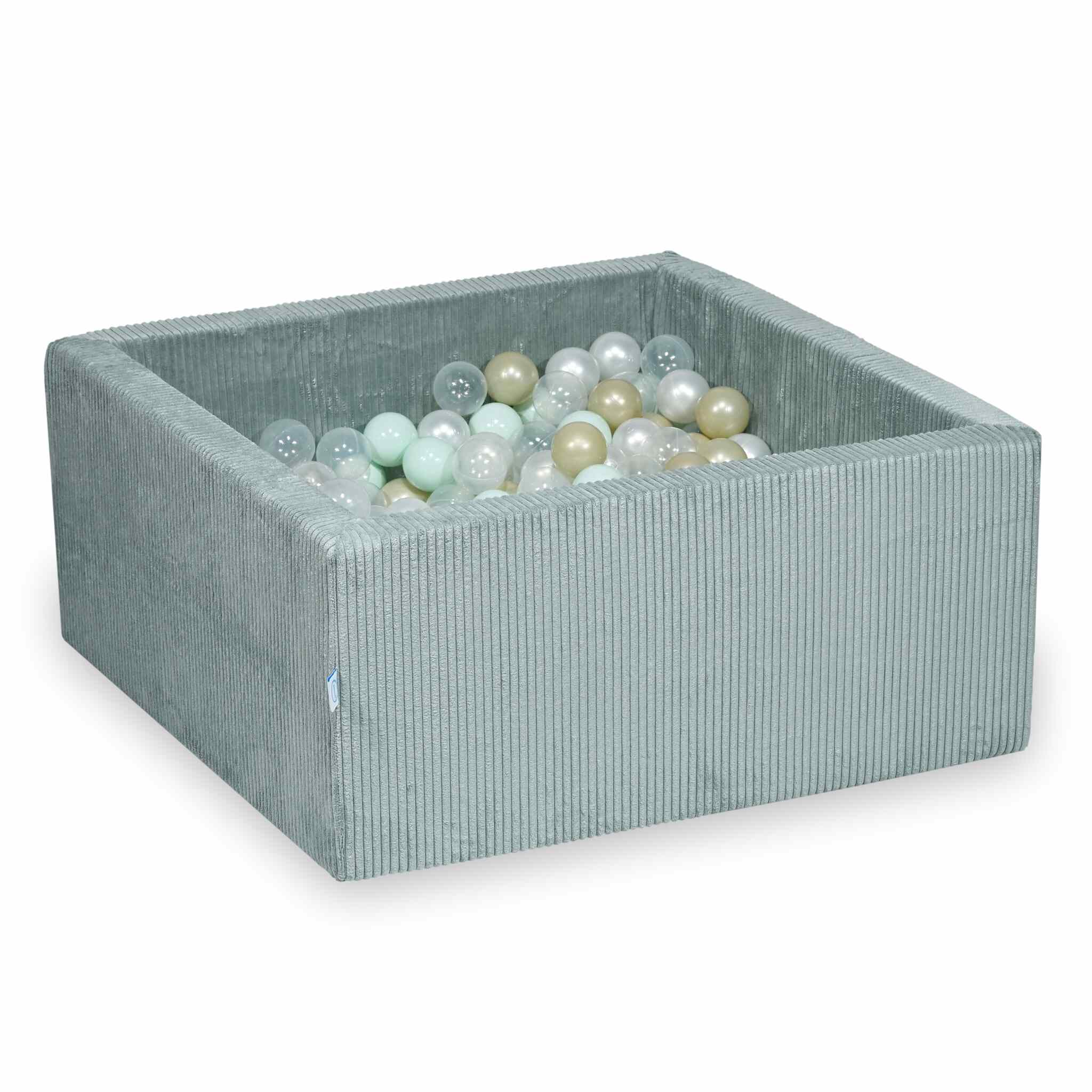 Mimii Bällebad aus Cord in Hellmint – quadratisch, 90 × 90 × 40 cm, mit 400 Bällen