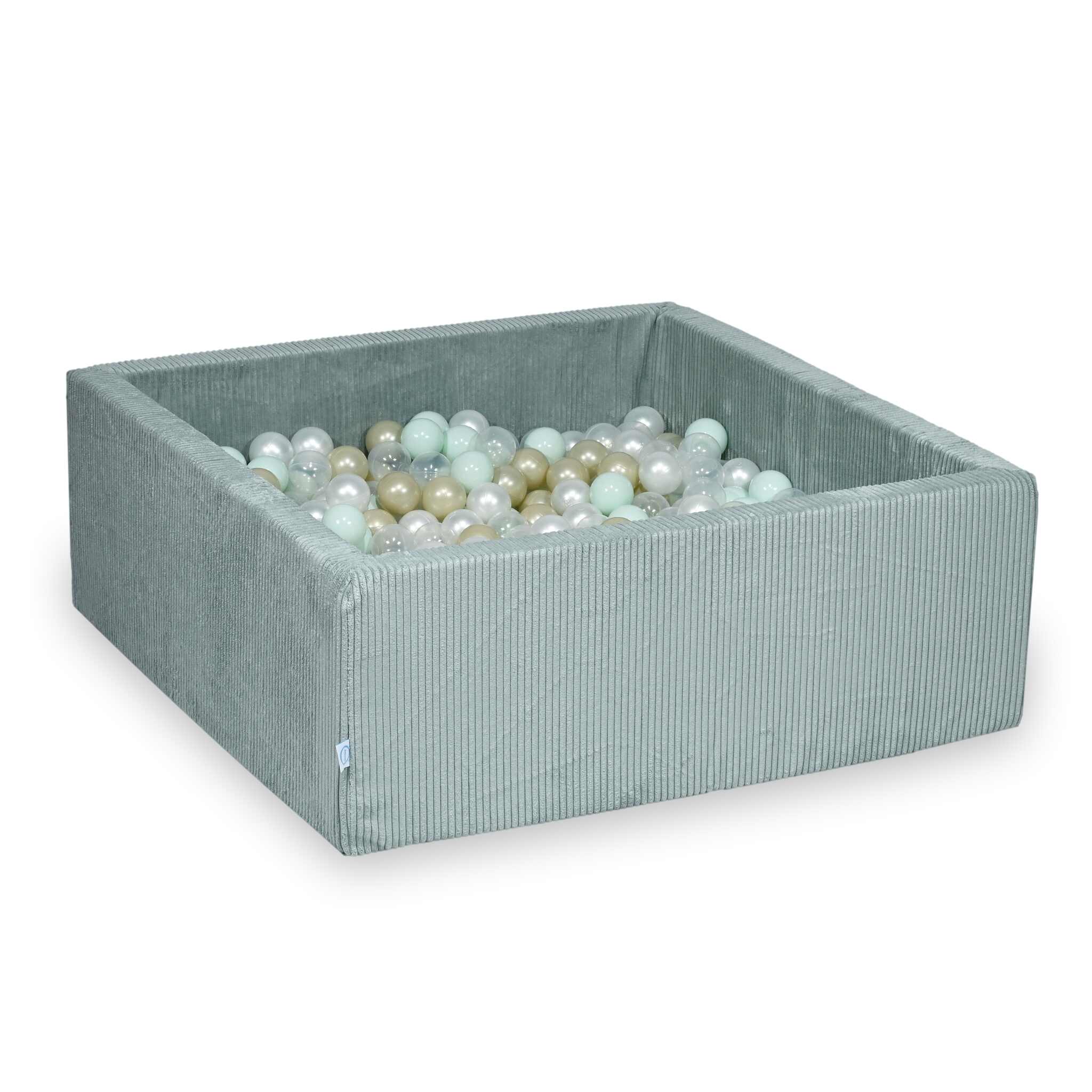 Mimii Bällebad aus Cord in Hellmint – quadratisch, 110 × 110 × 40 cm, mit 600 Bällen