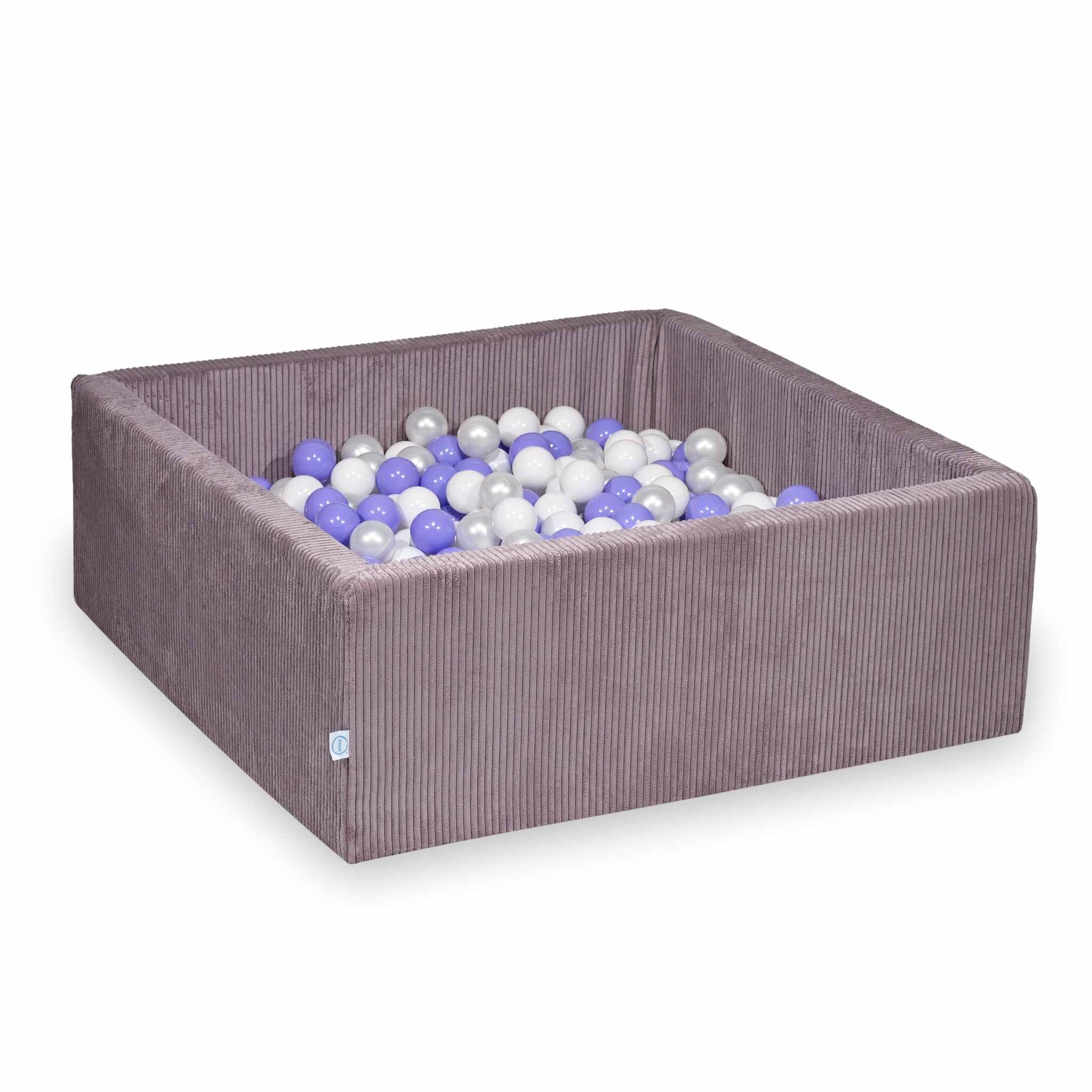Mimii Bällebad aus Cord in Lavendel – quadratisch, 110 × 110 × 40 cm, mit 600 Bällen