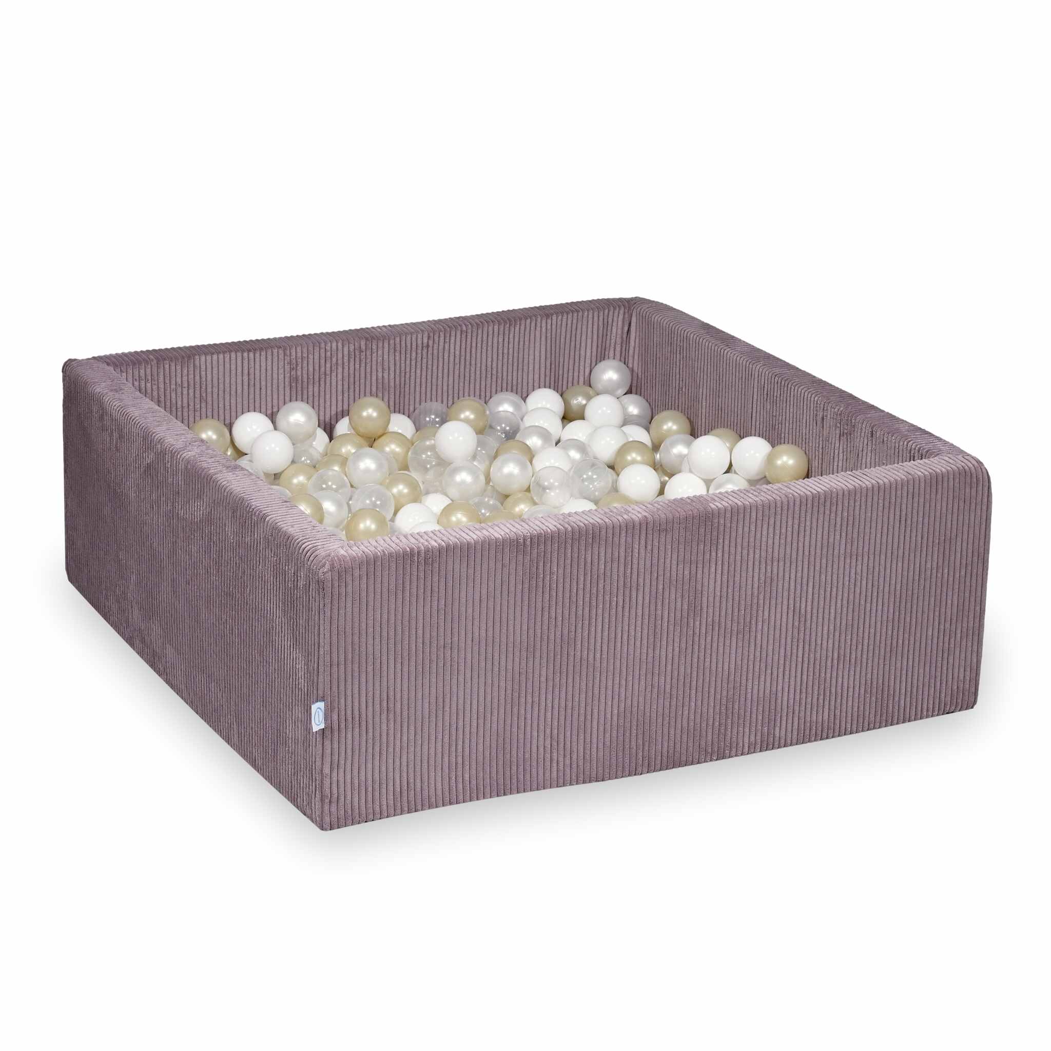 Mimii Bällebad aus Cord in Lavendel – quadratisch, 110 × 110 × 40 cm, mit 600 Bällen
