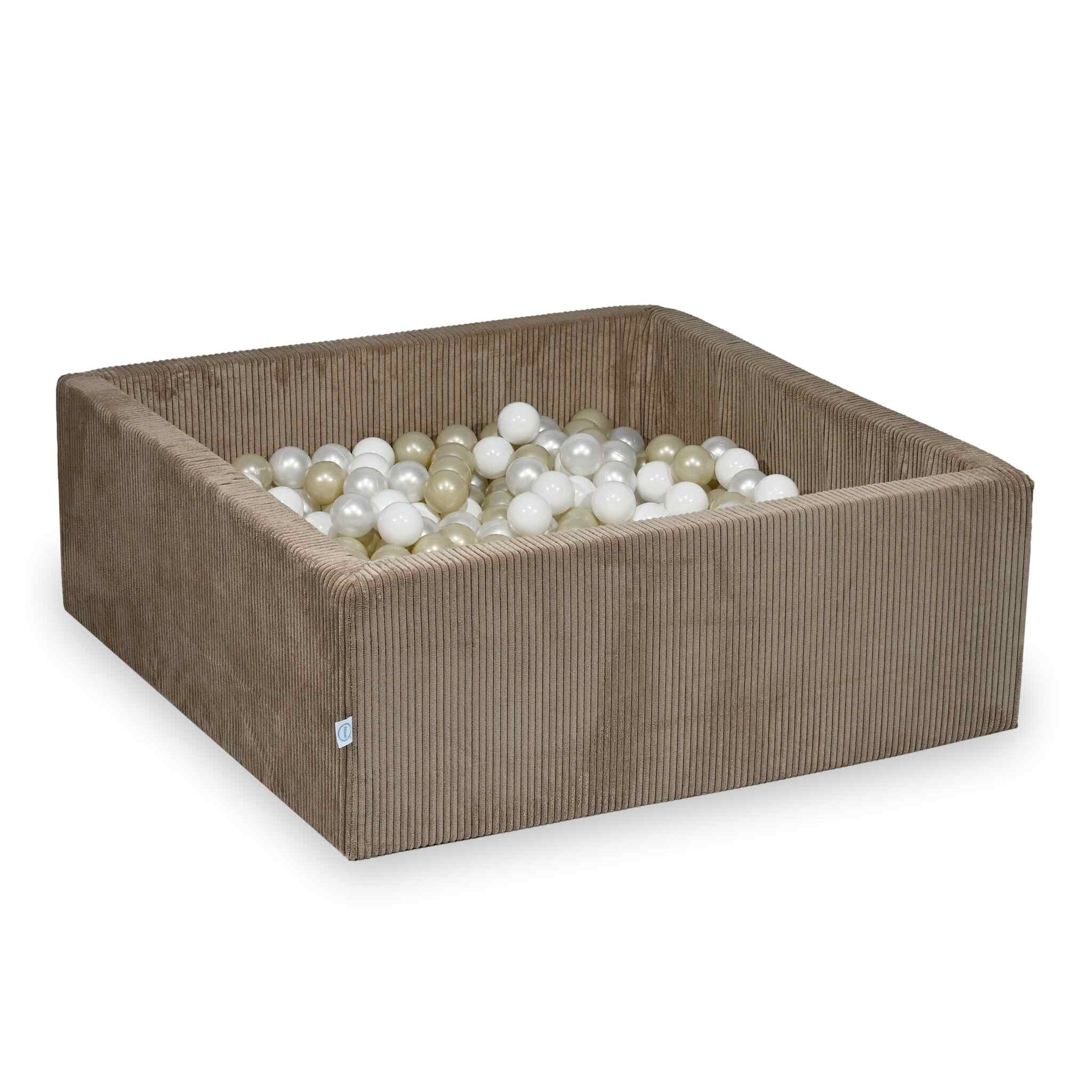 Mimii Bällebad aus Cord in Toffee – quadratisch, 110 × 110 × 40 cm, mit 600 Bällen