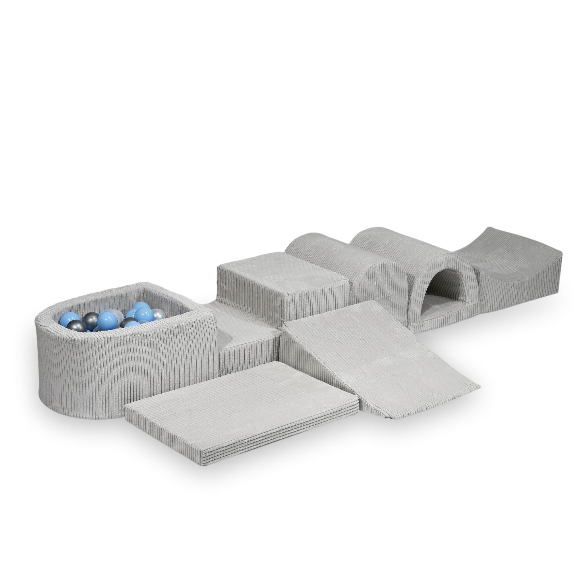 Mimii großes Schaumstoff-Spielset mit Mini-Bällebad aus Cord in Grau – mit 100 Bällen