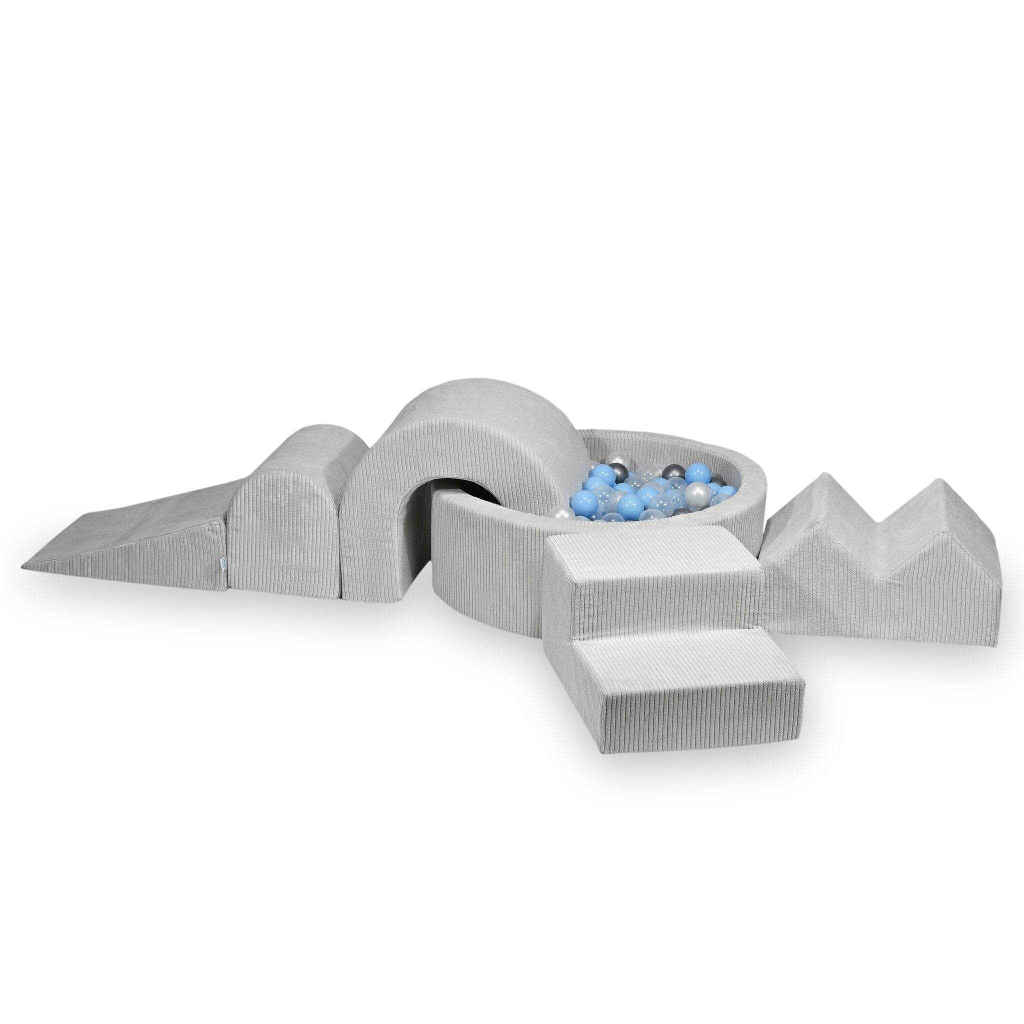 Piankowy plac zabaw z okrągłym basenem 90x30 cm sztruks szary + 5 elementów + 200 piłek