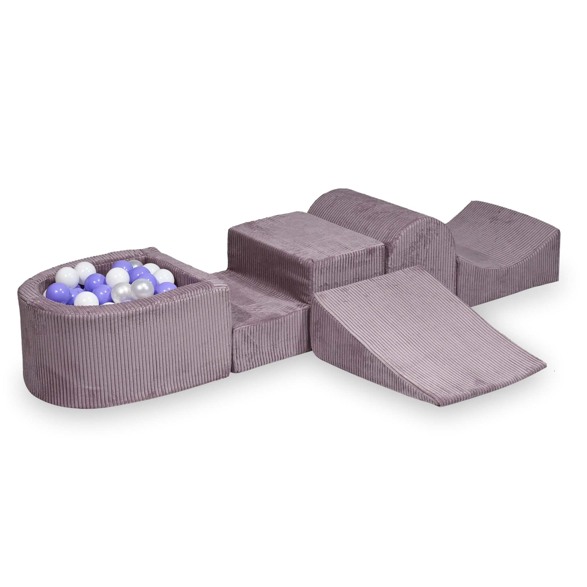 Mimii Schaumstoff-Spielset mit Hügel und Mini-Bällebad aus Cord in Lavendel – mit 100 Bällen