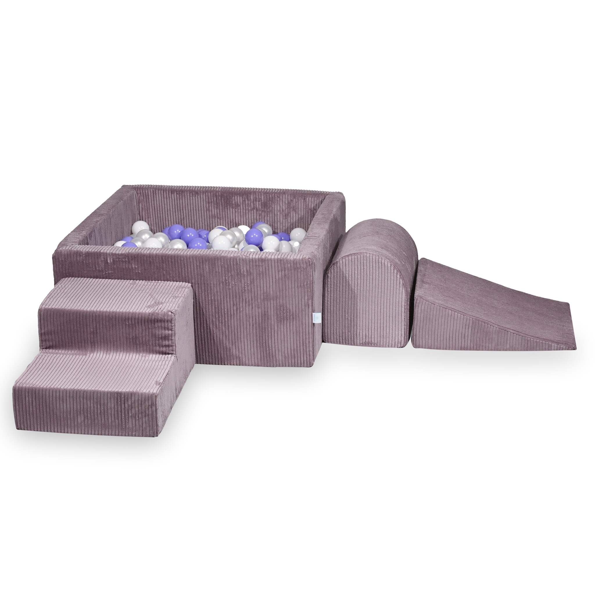 Mimii Schaumstoff-Spielset mit quadratischem Bällebad aus Cord in Lavendel – 90 × 90 × 40 cm, mit 400 Bällen
