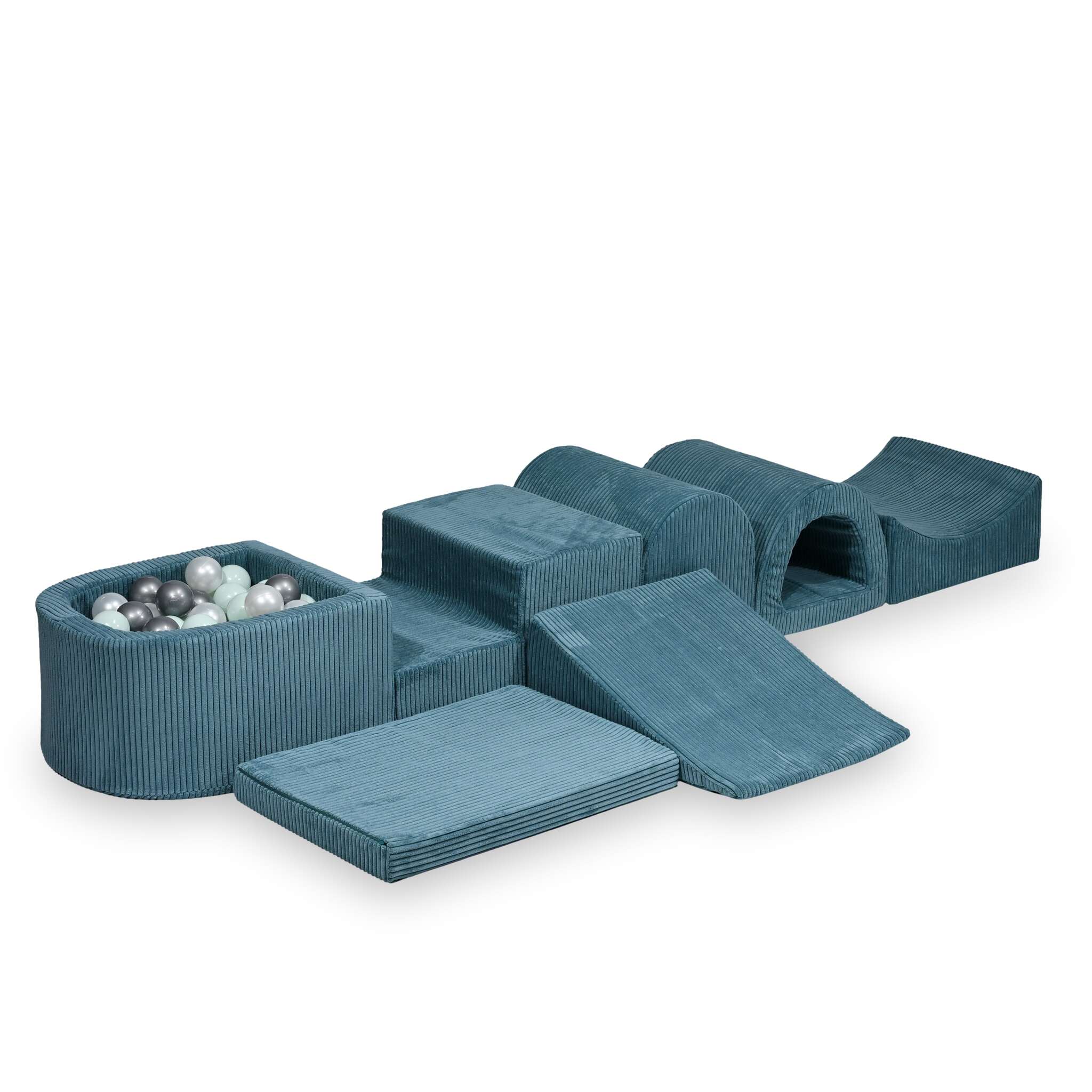 Mimii großes Schaumstoff-Spielset mit Mini-Bällebad aus Cord in Blau – mit 100 Bällen